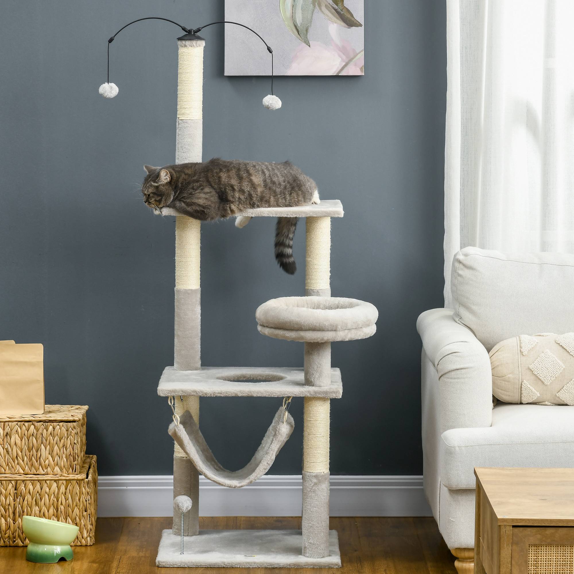 Pawhut - Arbre à chat griffoirs sisal naturel plateforme panier hamac boules suspendues et à ressort peluche gris clair - Image 4