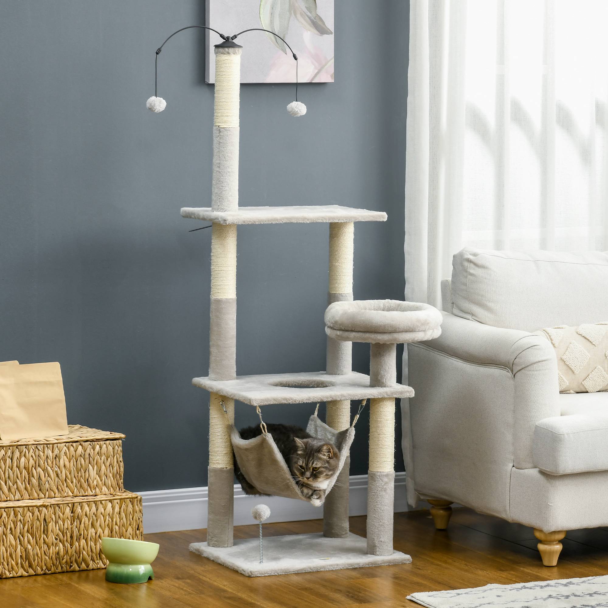 Pawhut - Arbre à chat griffoirs sisal naturel plateforme panier hamac boules suspendues et à ressort peluche gris clair - Image 2