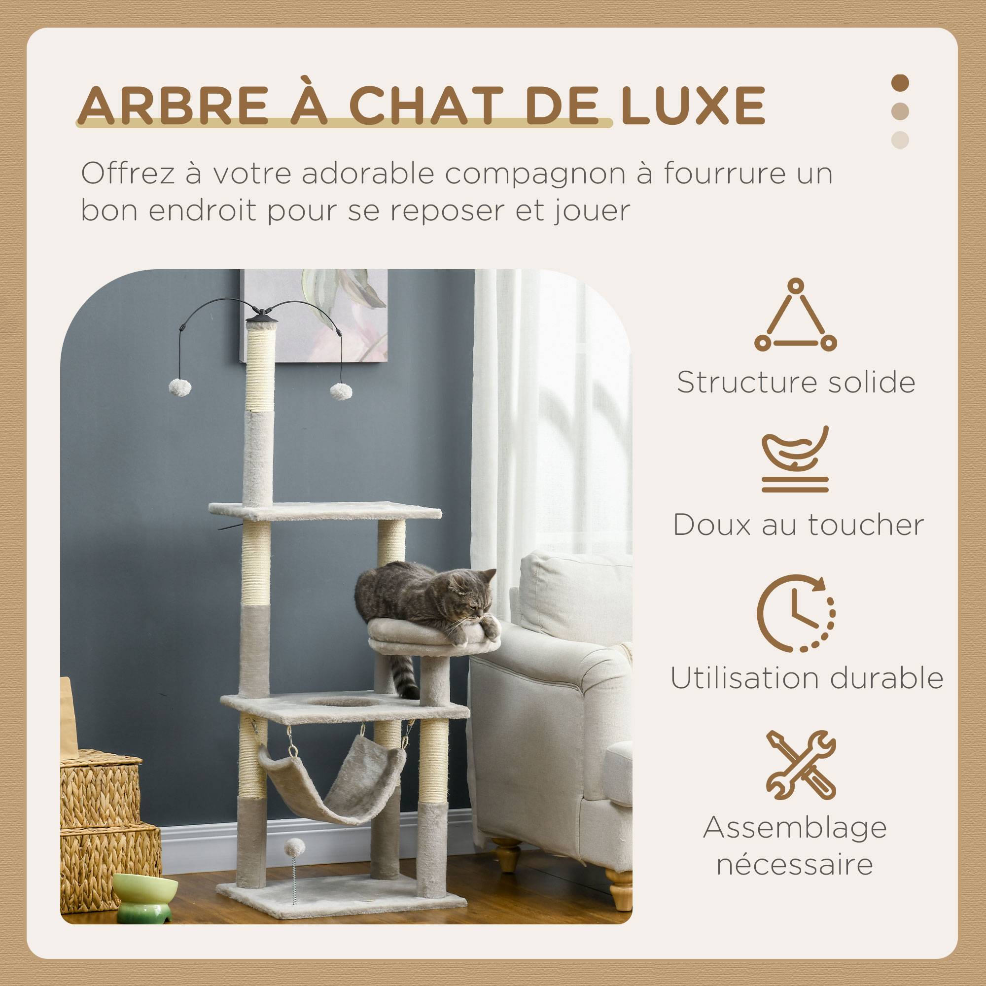 Pawhut - Arbre à chat griffoirs sisal naturel plateforme panier hamac boules suspendues et à ressort peluche gris clair - Image 5