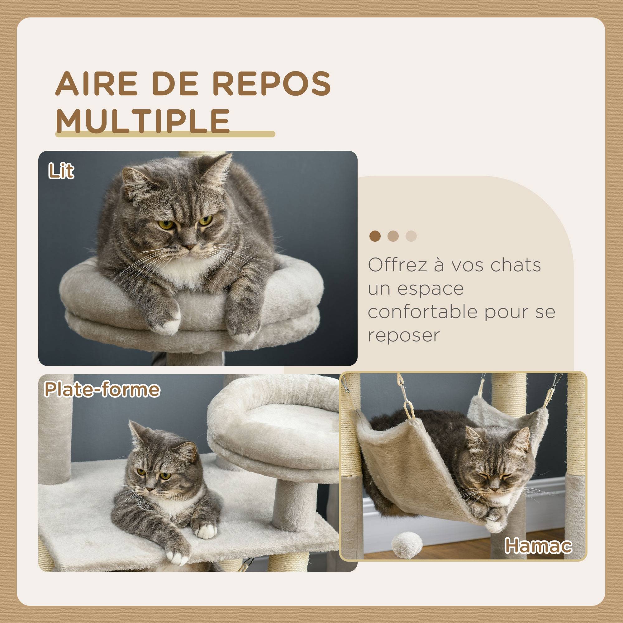 Pawhut - Arbre à chat griffoirs sisal naturel plateforme panier hamac boules suspendues et à ressort peluche gris clair - Image 6