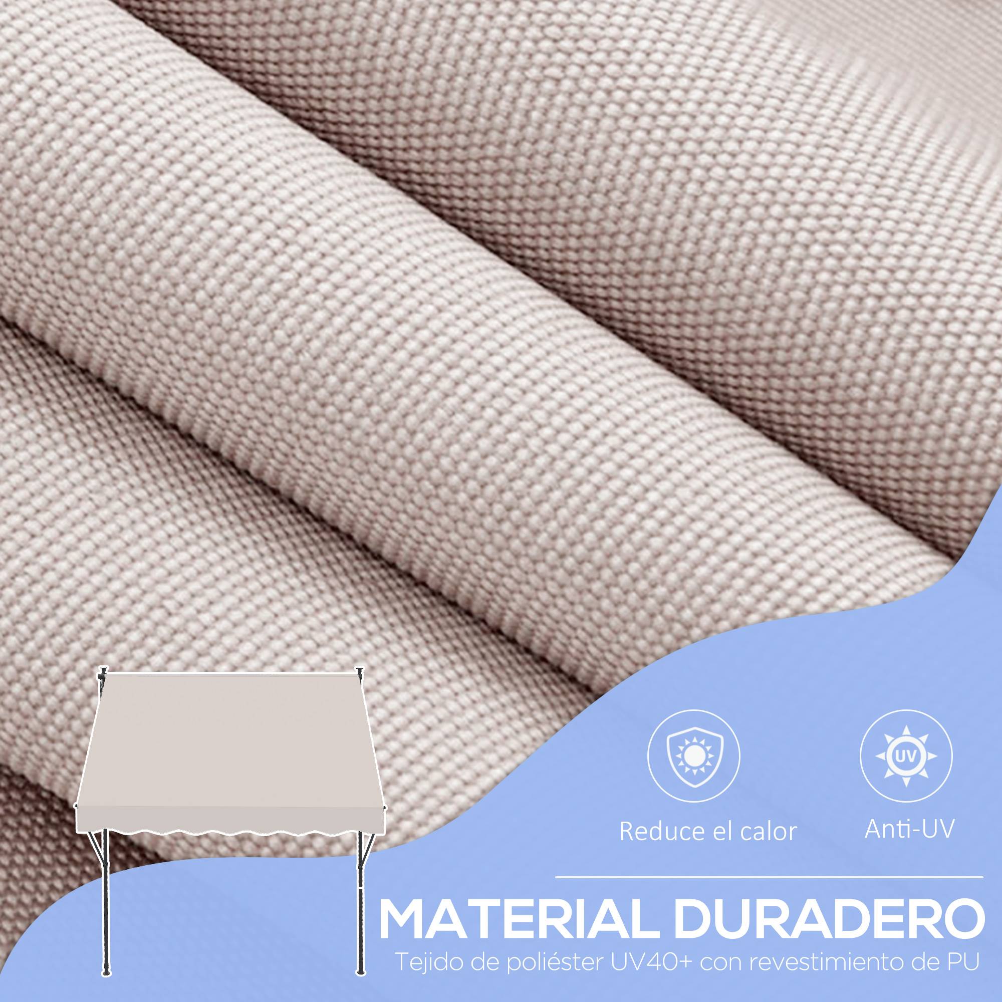 Store banne rétractable manuelle 200 x 175 x 210-310 cm, réglable par manivelle, protection solaire UV40+, couleur crème, pour balcon et terrasse. - Image 8