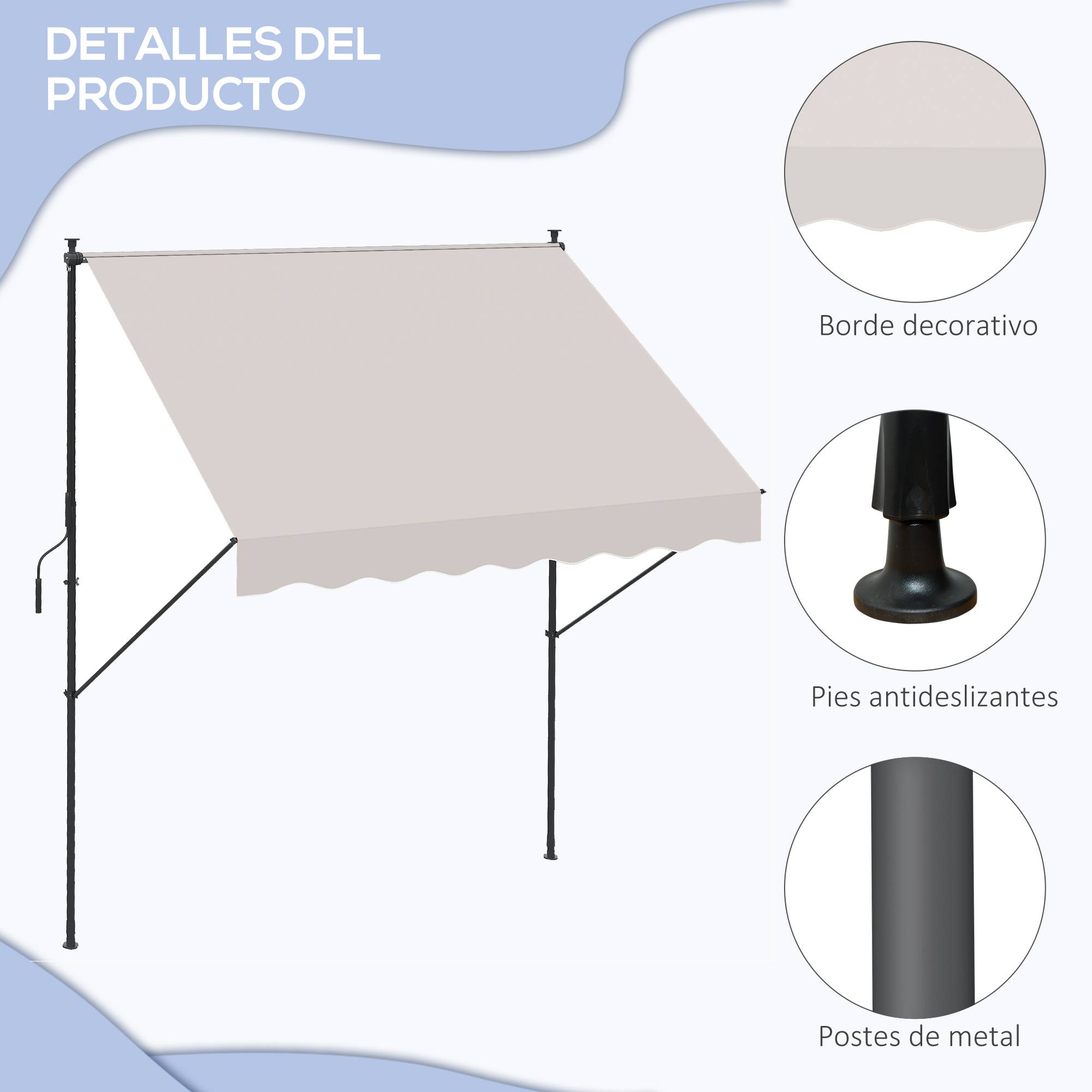Store banne rétractable manuelle 200 x 175 x 210-310 cm, réglable par manivelle, protection solaire UV40+, couleur crème, pour balcon et terrasse. - Image 9
