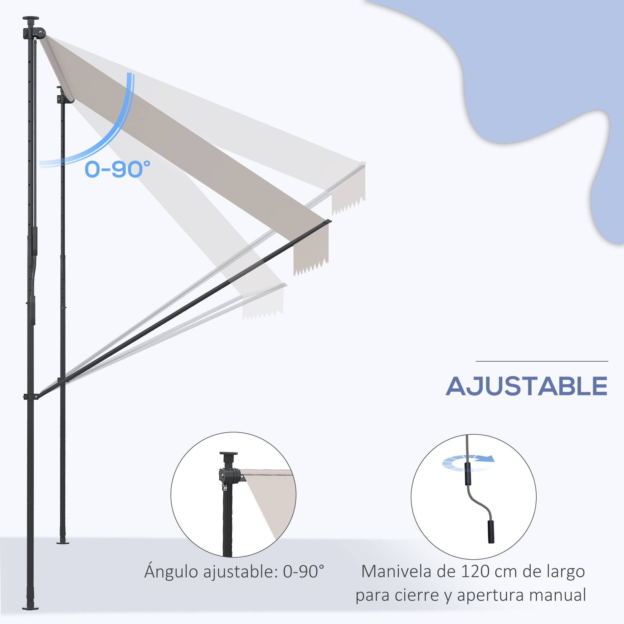 Store banne rétractable manuelle 200 x 175 x 210-310 cm, réglable par manivelle, protection solaire UV40+, couleur crème, pour balcon et terrasse. - Image 7