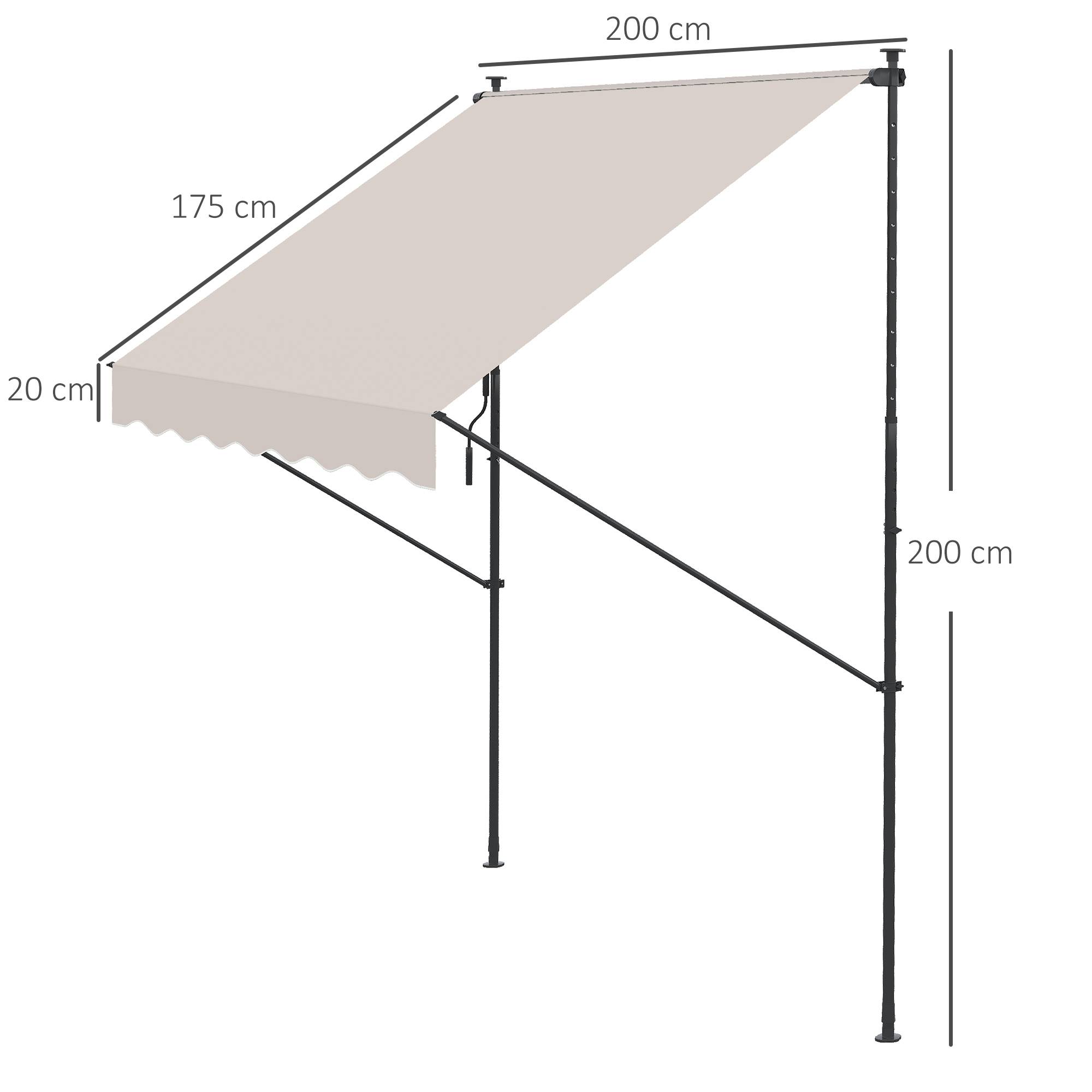 Store banne rétractable manuelle 200 x 175 x 210-310 cm, réglable par manivelle, protection solaire UV40+, couleur crème, pour balcon et terrasse. - Image 5