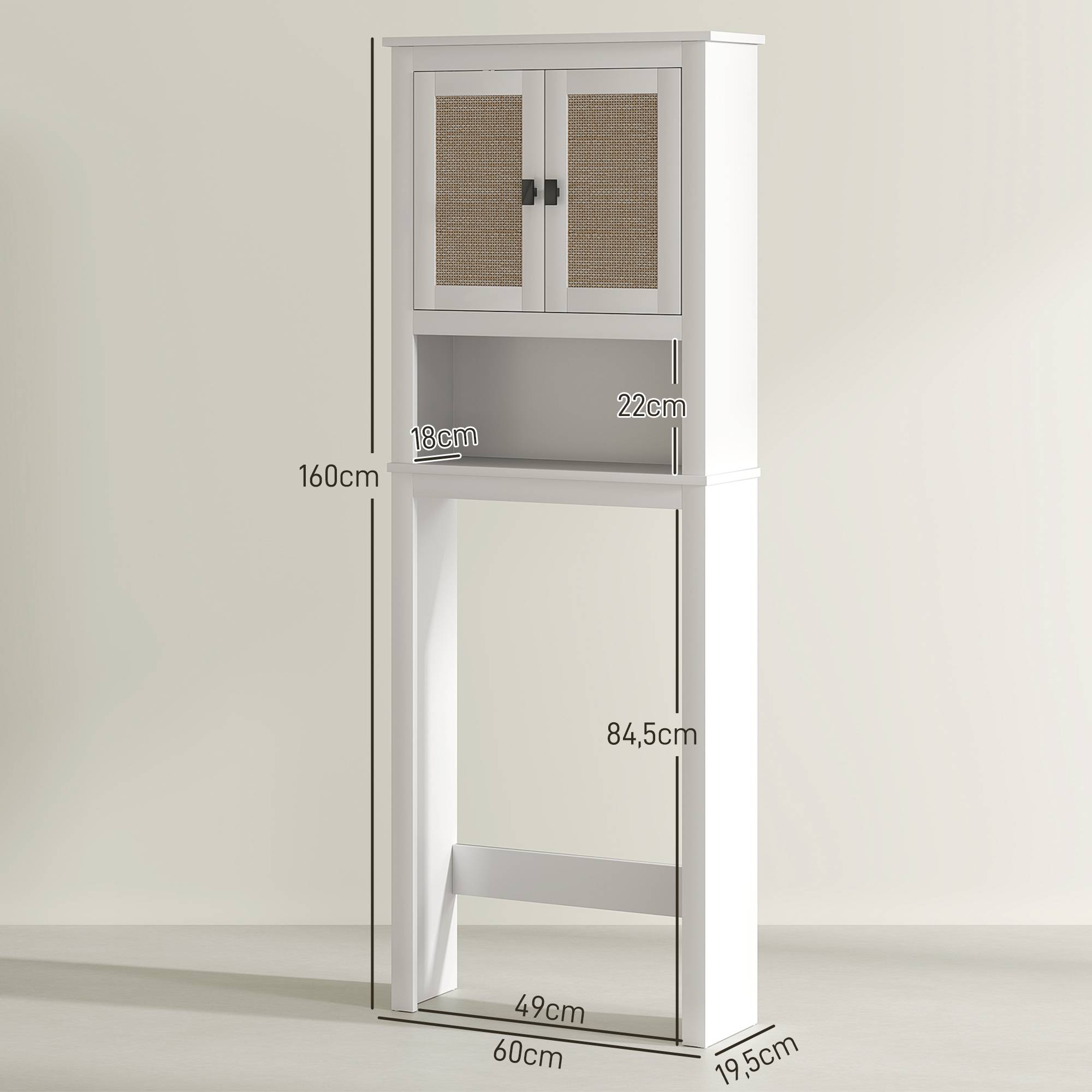 Sans Marque - Meuble toilette 2 portes façade rotin compartiment étagère réglable 60x19,5x160 cm blanc - Image 5