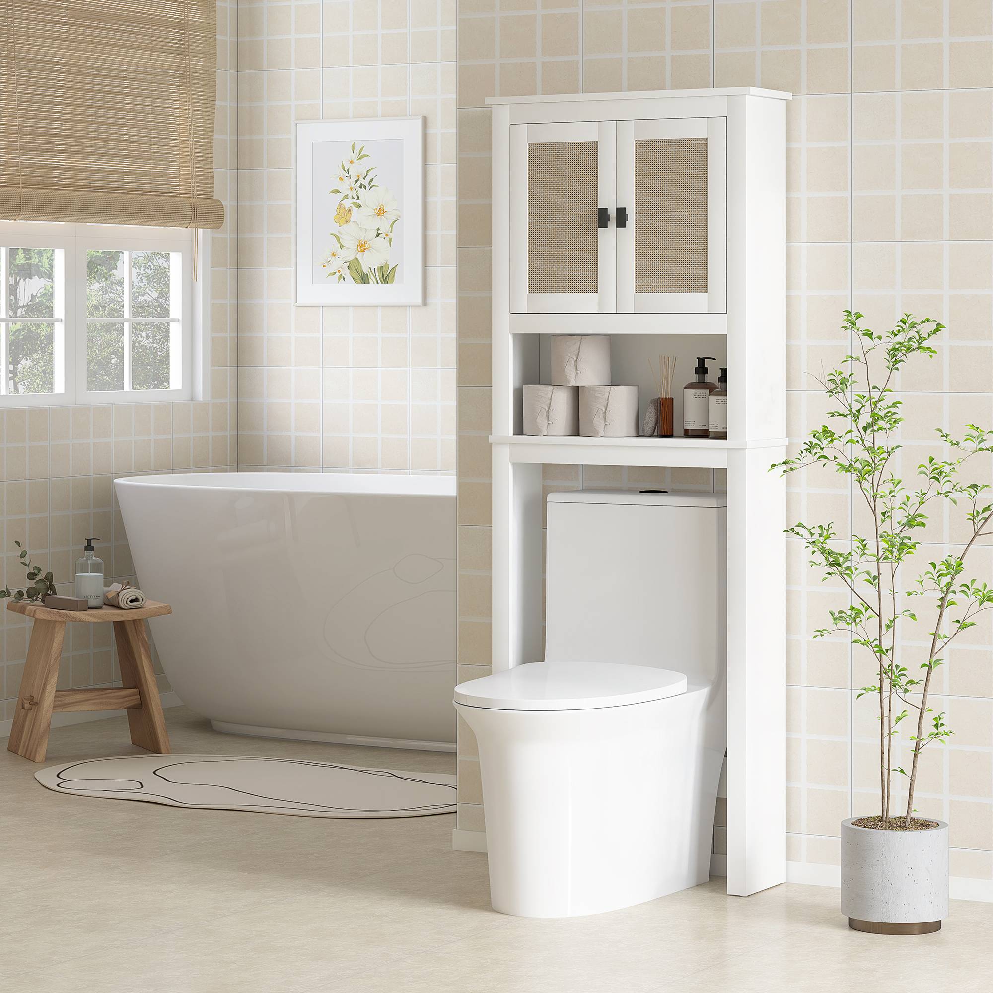 Sans Marque - Meuble toilette 2 portes façade rotin compartiment étagère réglable 60x19,5x160 cm blanc - Image 4
