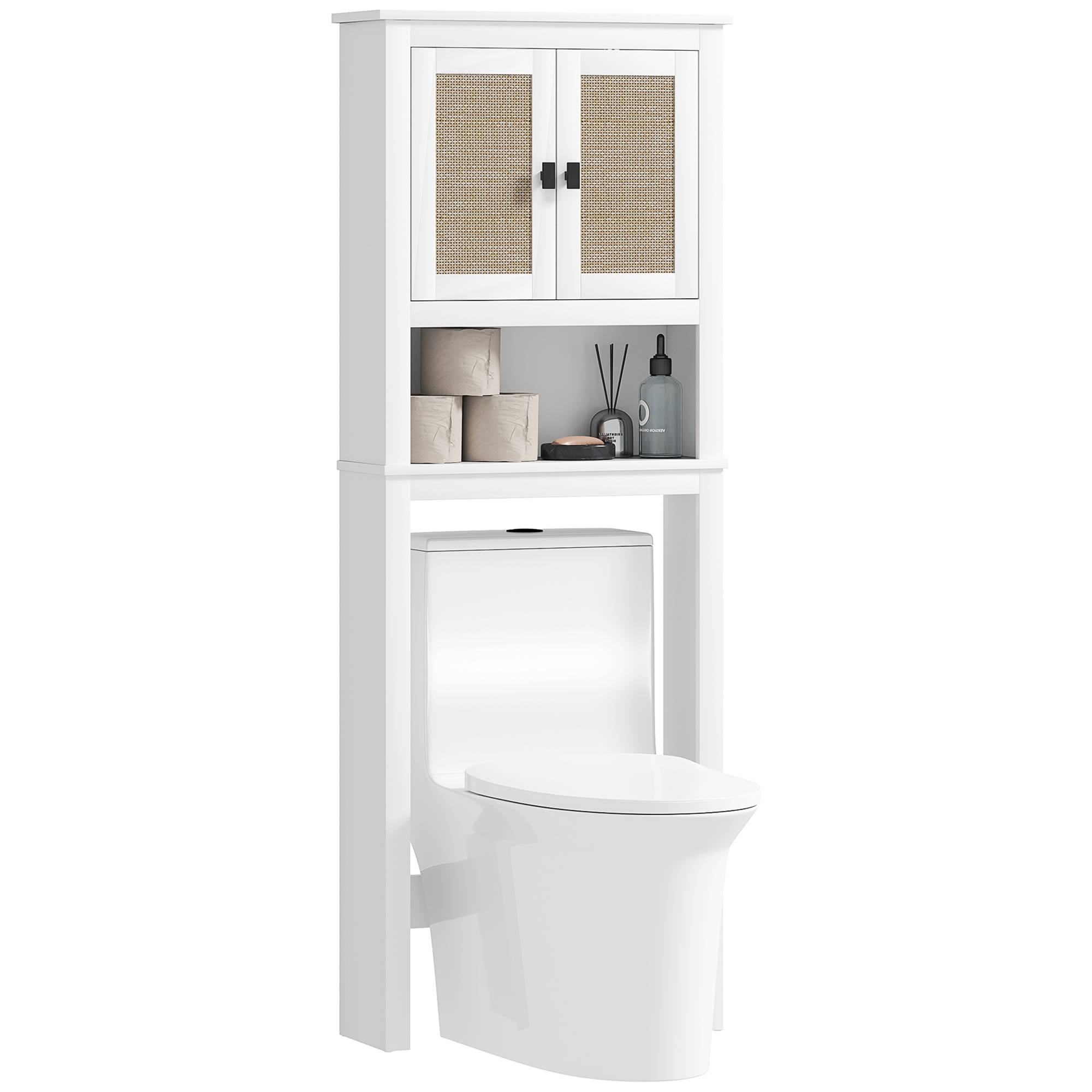 Sans Marque - Meuble toilette 2 portes façade rotin compartiment étagère réglable 60x19,5x160 cm blanc - Image 1