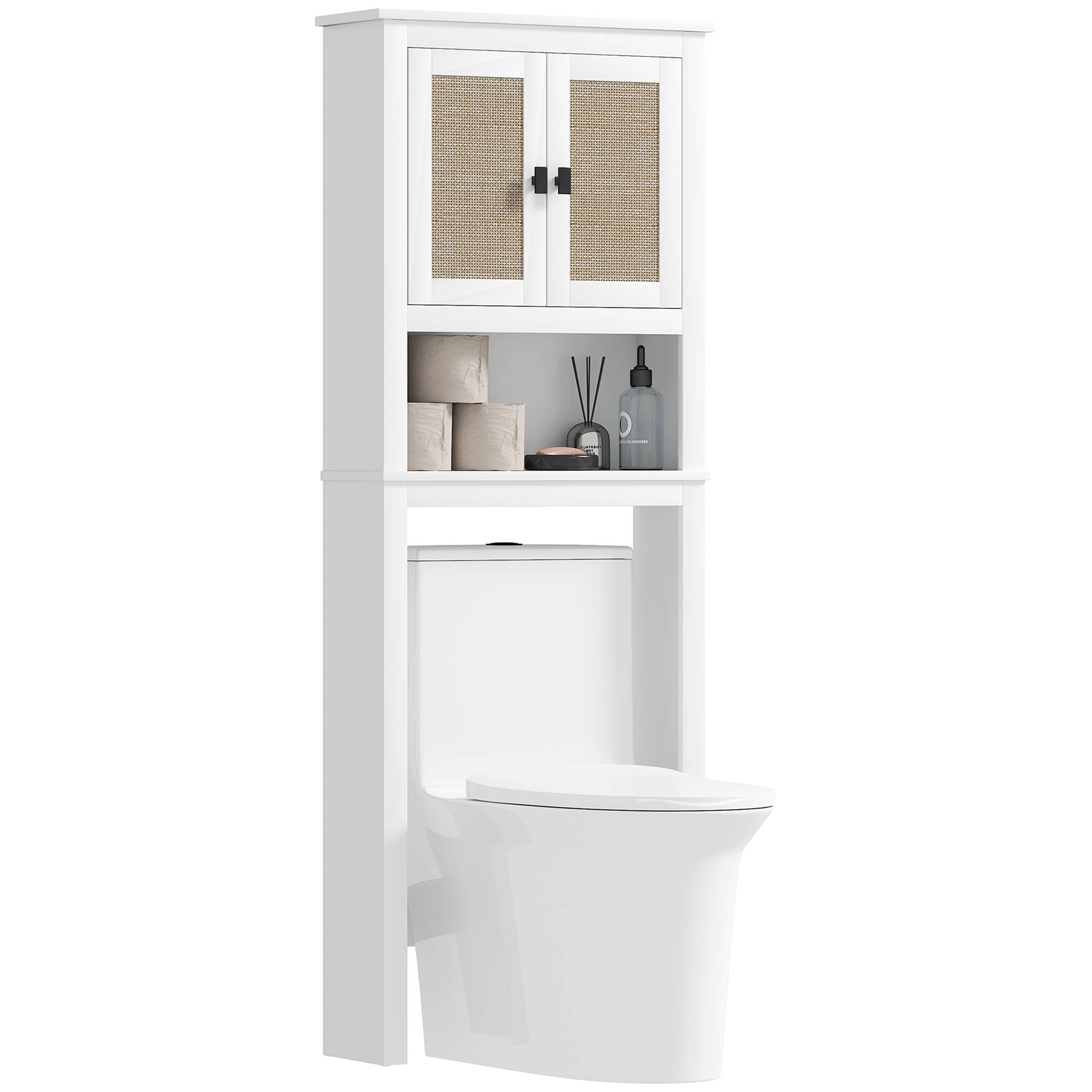 Sans Marque - Meuble toilette 2 portes façade rotin compartiment étagère réglable 60x19,5x160 cm blanc - Image 2