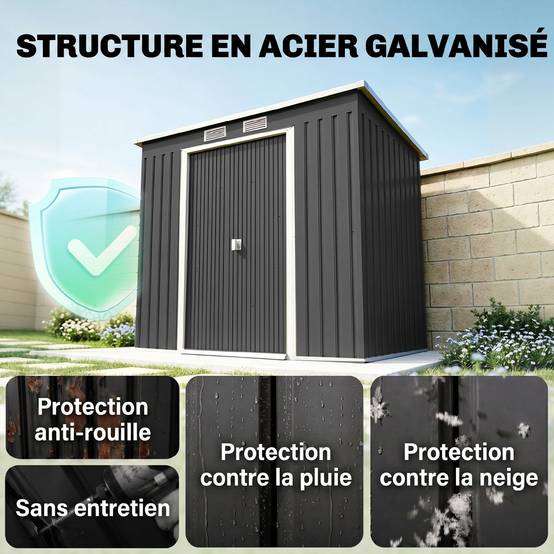 Abri de jardin 2,77 m² 213 x 130 x 172 cm kit de fondation porte coulissante ventilations acier galvanisé gris foncé - Image 5