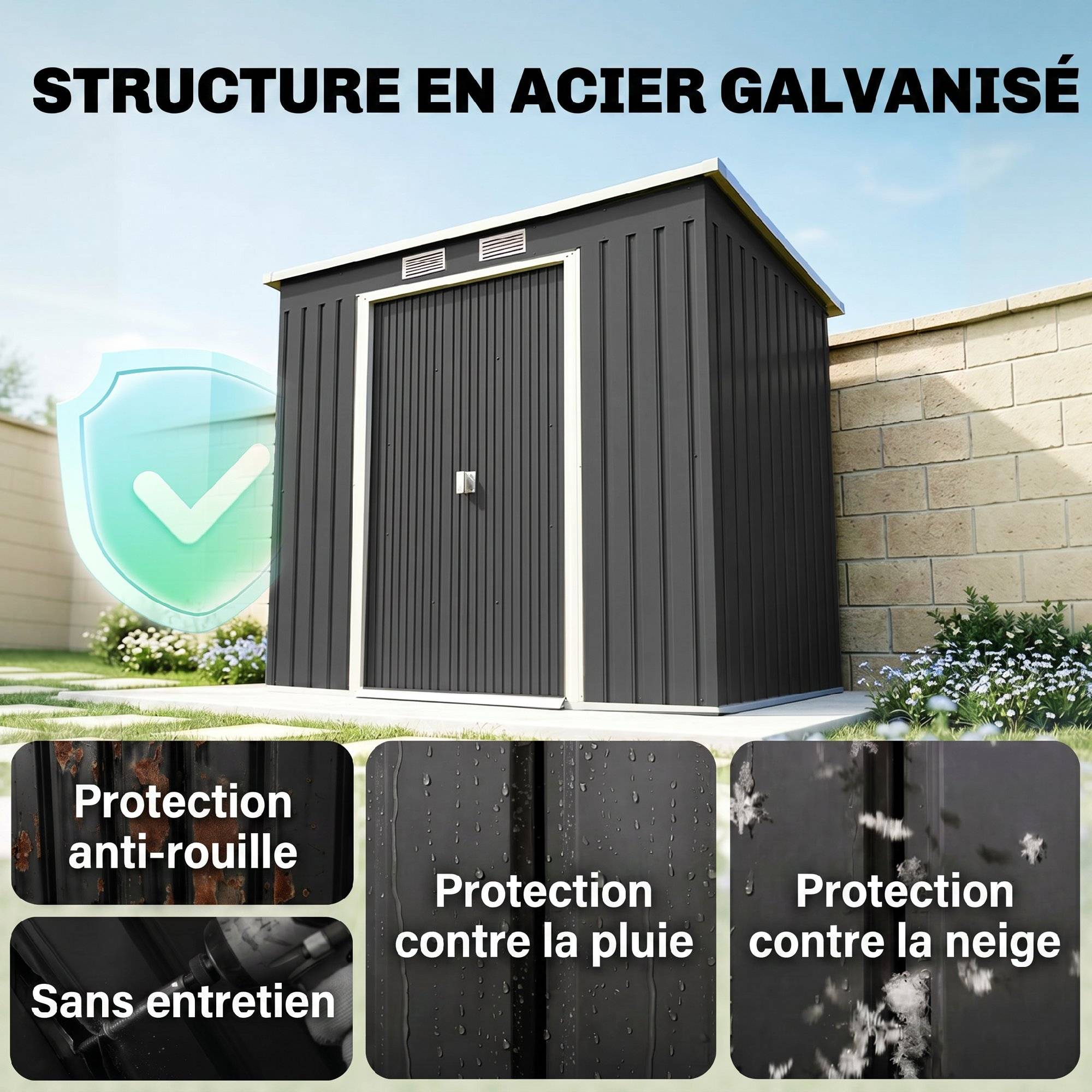 Abri de jardin 2,77 m² 213 x 130 x 172 cm kit de fondation porte coulissante ventilations acier galvanisé gris foncé - Image 5