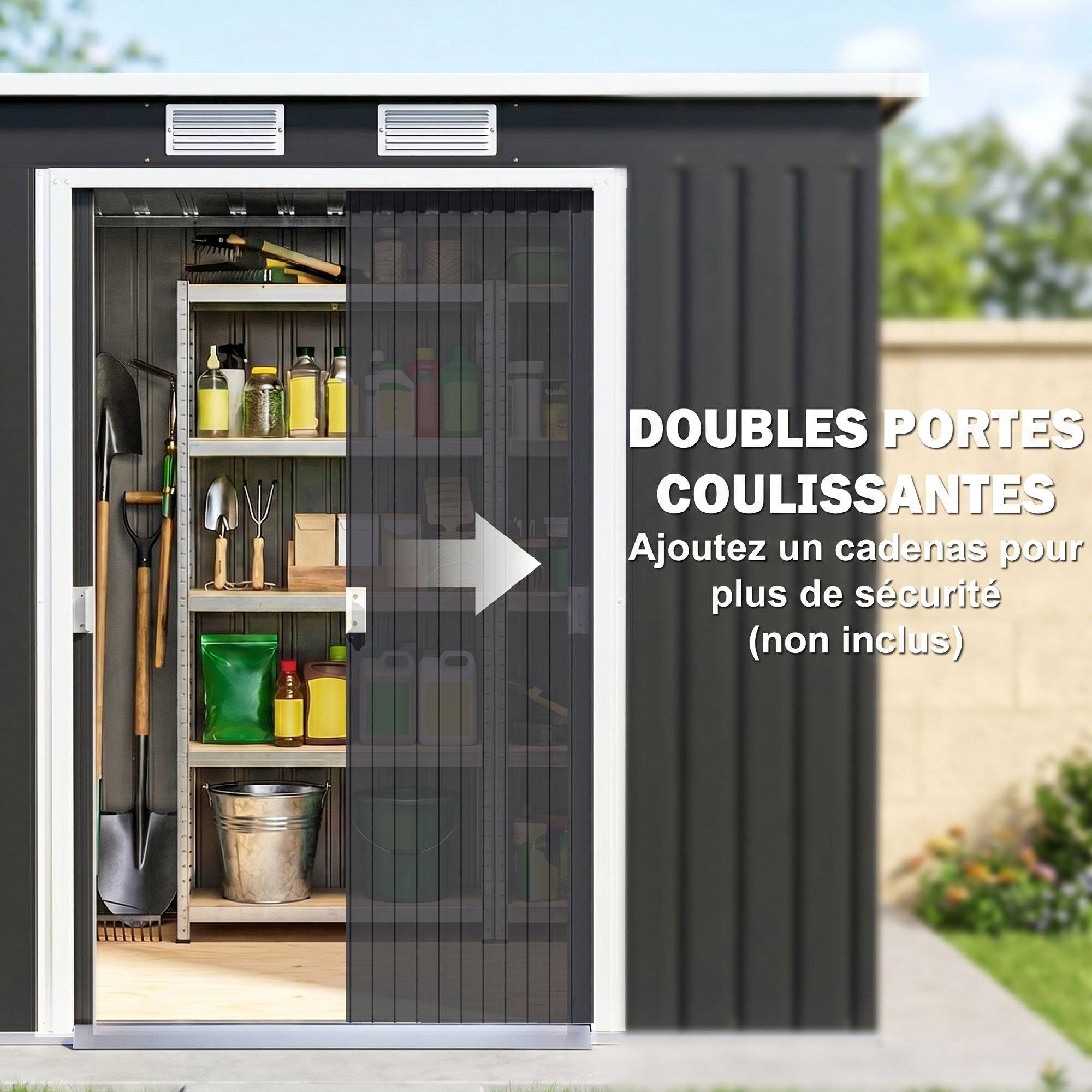 Abri de jardin 2,77 m² 213 x 130 x 172 cm kit de fondation porte coulissante ventilations acier galvanisé gris foncé - Image 6