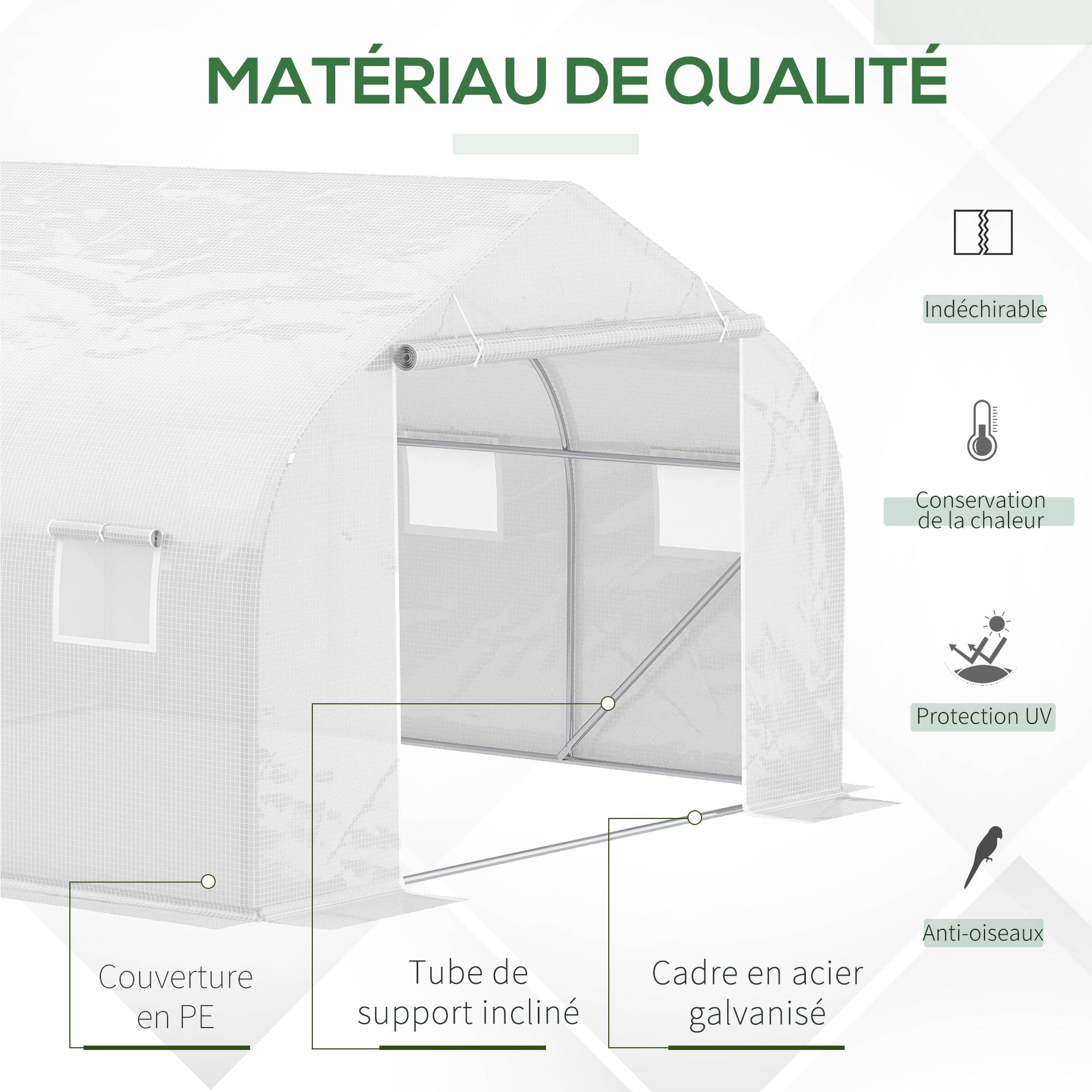 Sans Marque - Serre tunnel Outsunny 10,5 m² 3,5x3x2 m acier galvanisé 6 fenêtres enroulables serre potager jardin blanc - Image 6