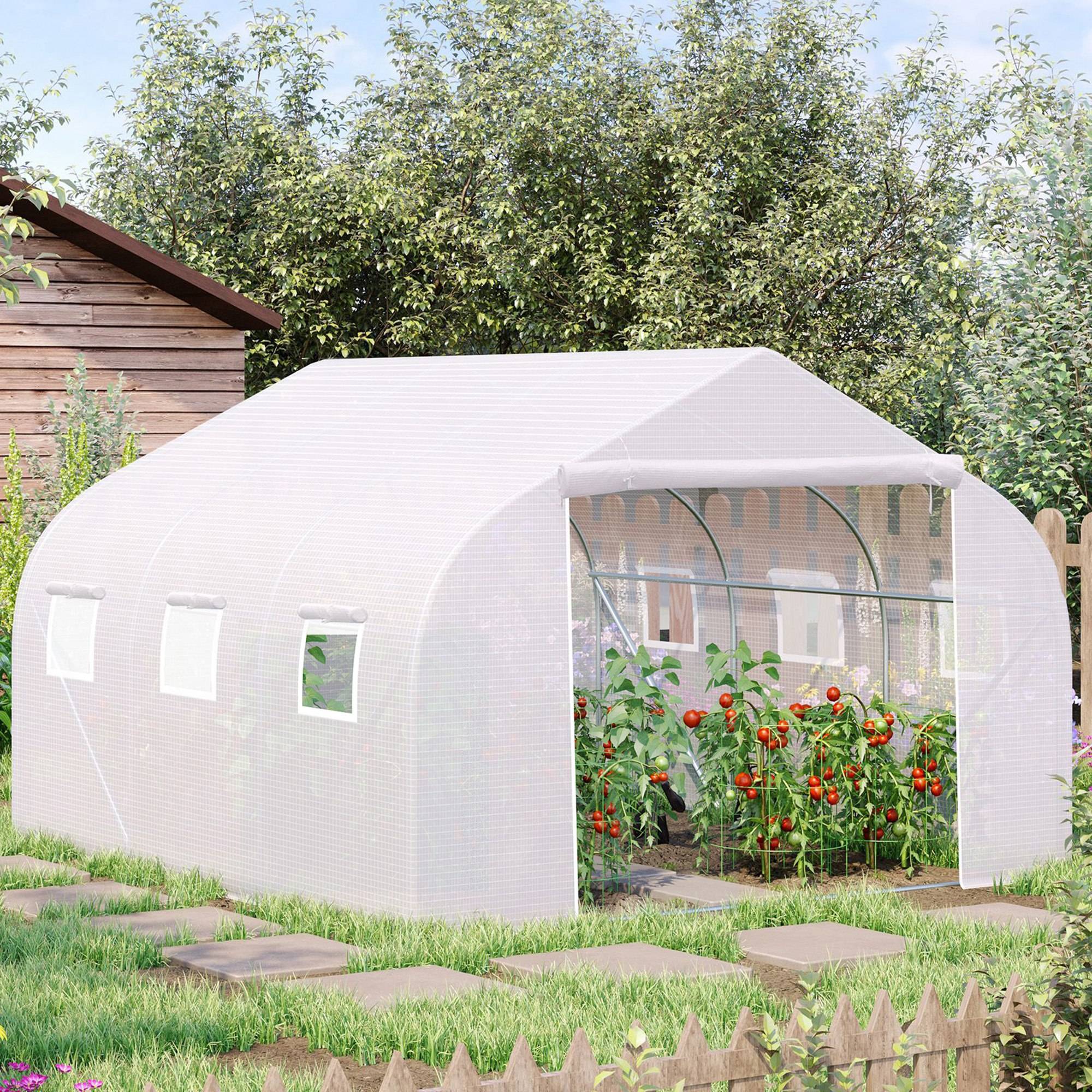 Sans Marque - Serre tunnel Outsunny 10,5 m² 3,5x3x2 m acier galvanisé 6 fenêtres enroulables serre potager jardin blanc - Image 3