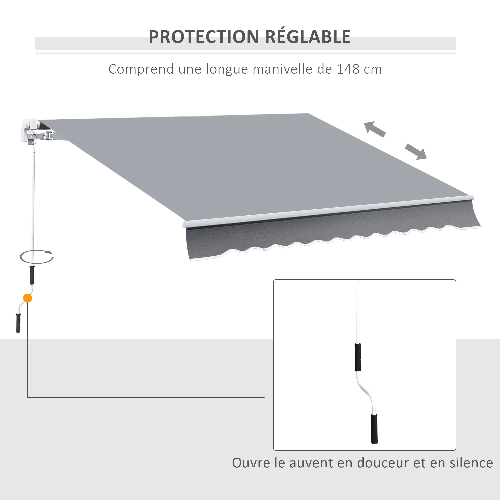 Store Banne Manuel Rétractable 295 x 245 cm, Avec Manivelle, Aluminium et Polyester 280 g/m², Gris - Image 7