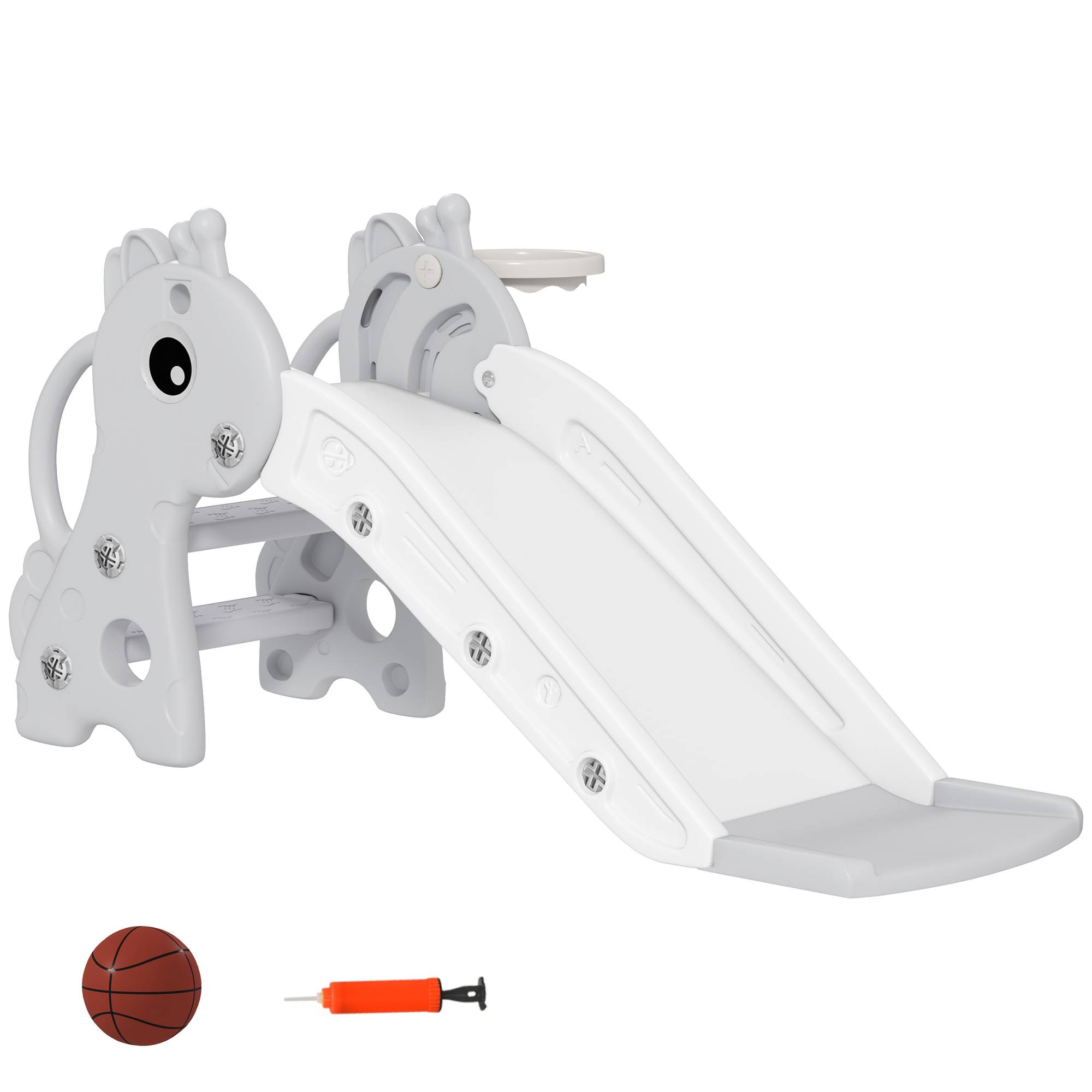 Toboggan pour enfants 3 en 1 en forme de girafe avec panier de basket, escalade et ballon, 106 x 51,5 x 52 cm, gris - Image 2