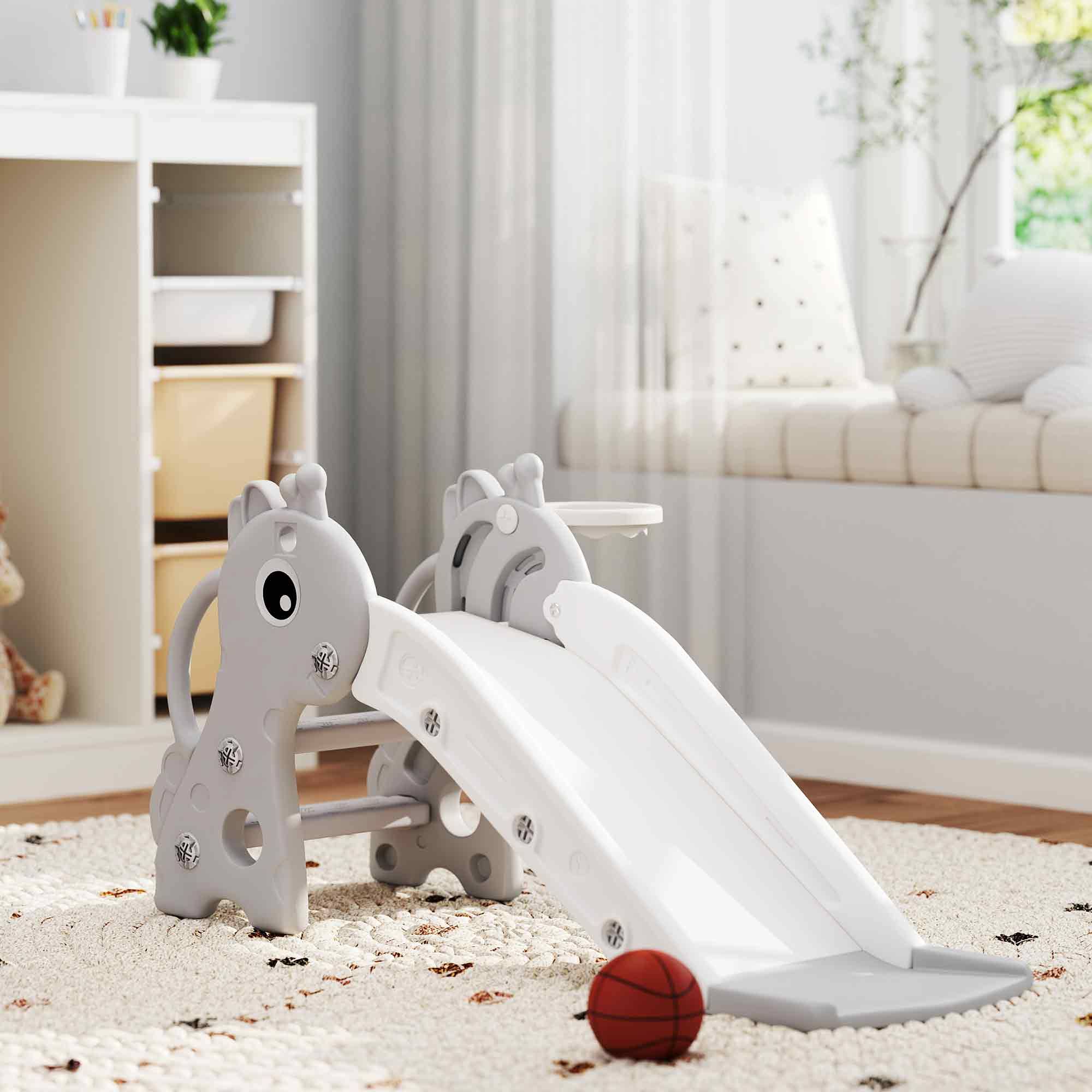Toboggan pour enfants 3 en 1 en forme de girafe avec panier de basket, escalade et ballon, 106 x 51,5 x 52 cm, gris - Image 4