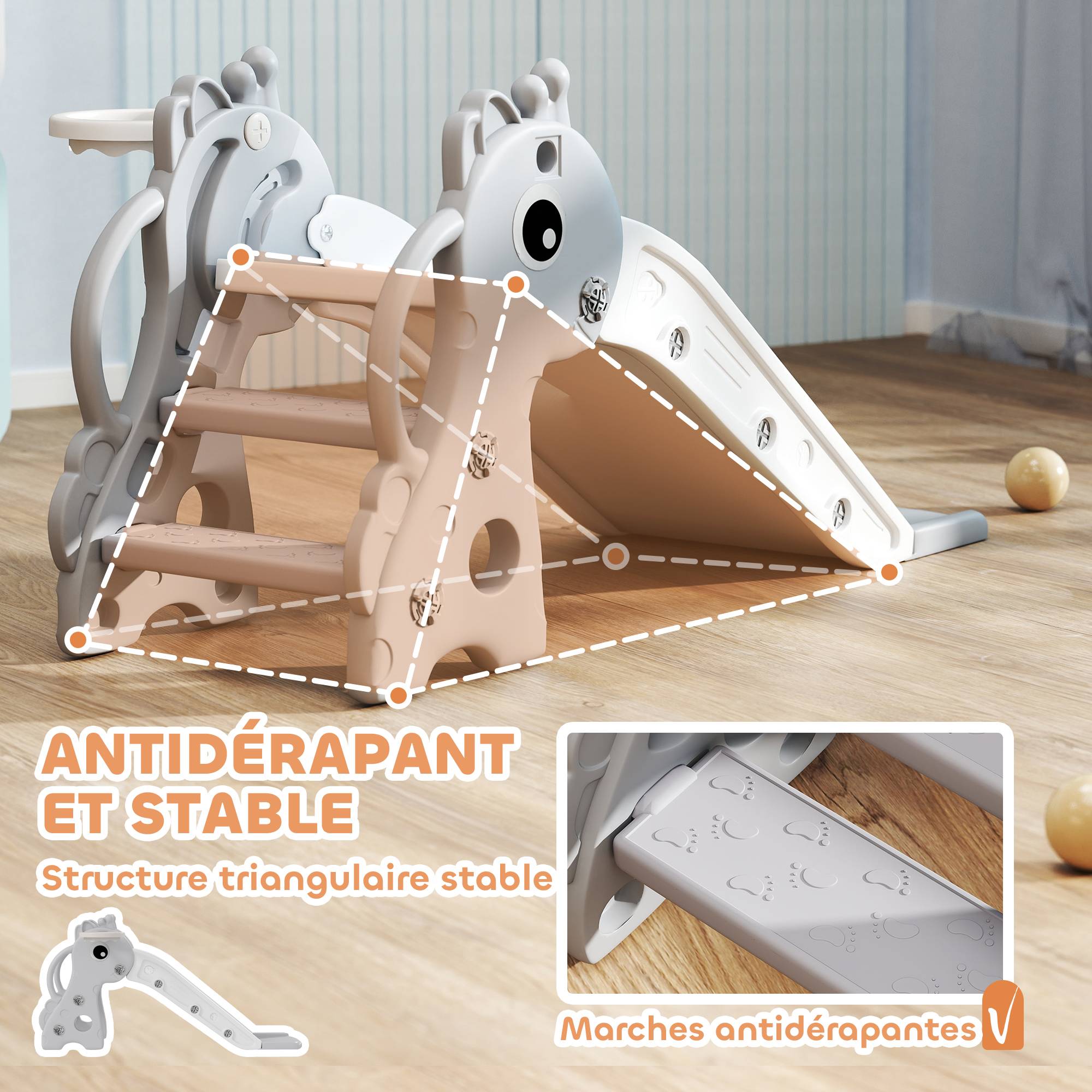 Toboggan pour enfants 3 en 1 en forme de girafe avec panier de basket, escalade et ballon, 106 x 51,5 x 52 cm, gris - Image 9