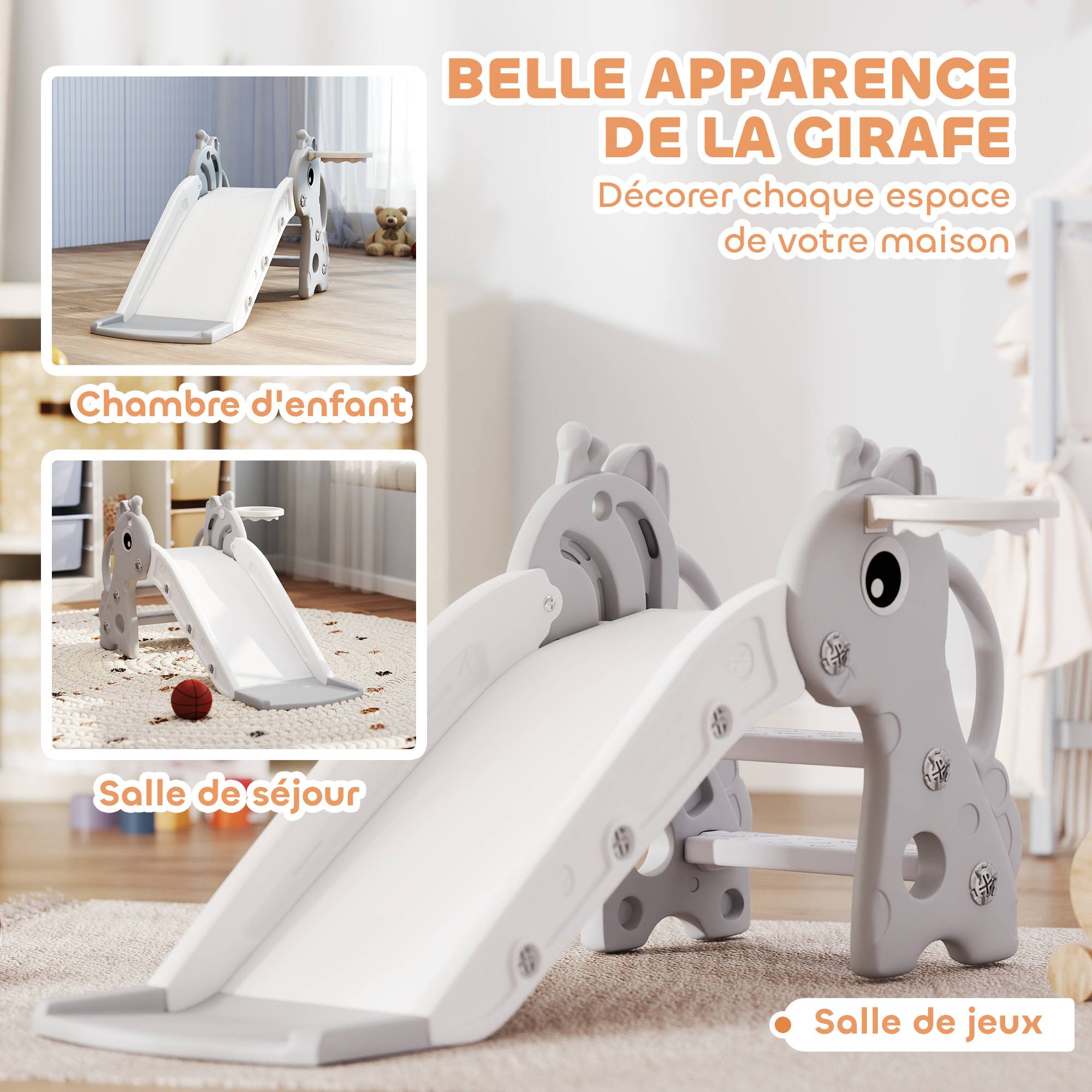 Toboggan pour enfants 3 en 1 en forme de girafe avec panier de basket, escalade et ballon, 106 x 51,5 x 52 cm, gris - Image 7