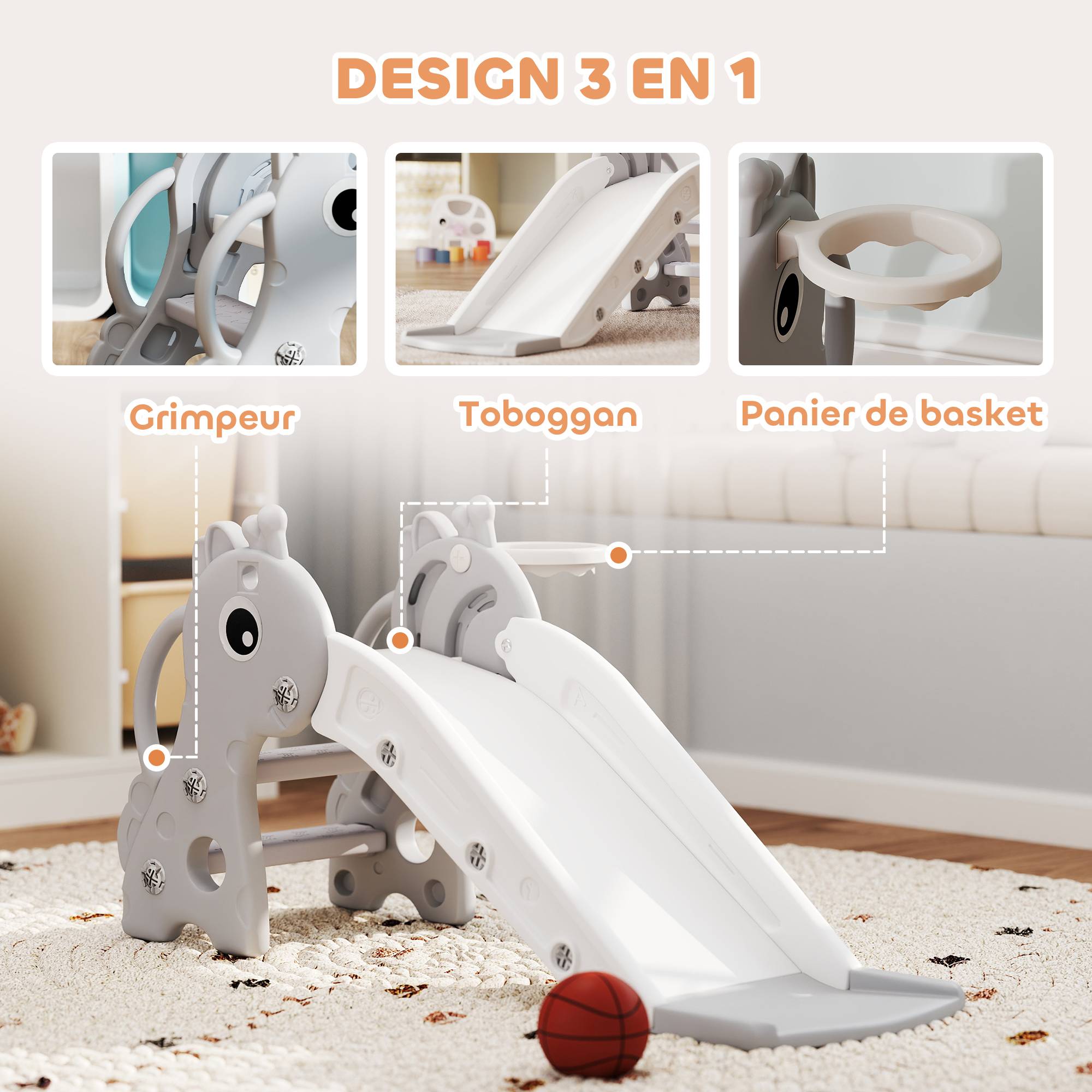 Toboggan pour enfants 3 en 1 en forme de girafe avec panier de basket, escalade et ballon, 106 x 51,5 x 52 cm, gris - Image 6