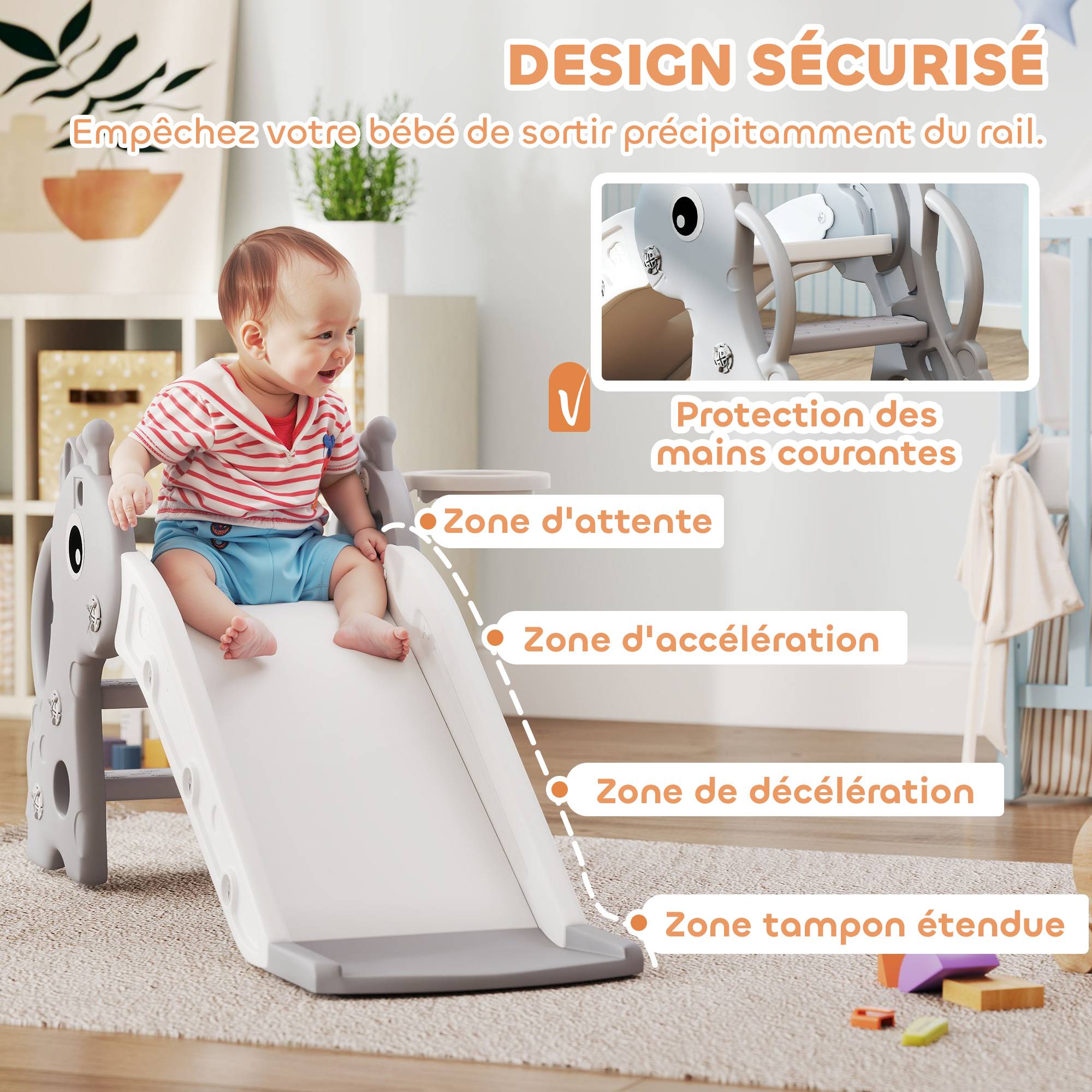 Toboggan pour enfants 3 en 1 en forme de girafe avec panier de basket, escalade et ballon, 106 x 51,5 x 52 cm, gris - Image 8