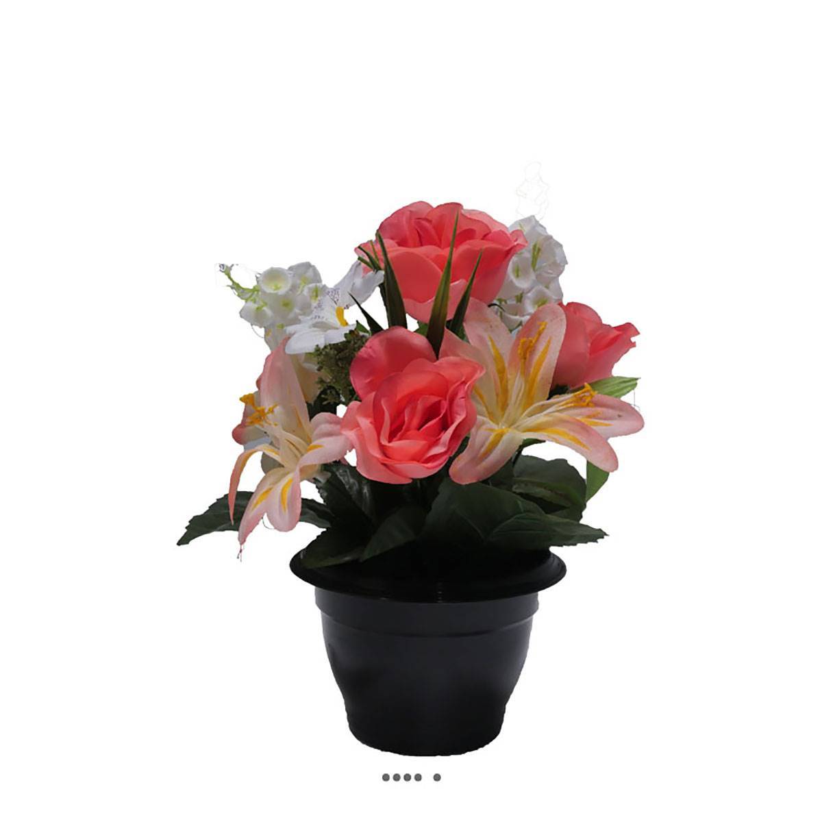 Artificielles - Composition fleurs artificielles cimetière pot roses lys arums H 28 cm D 25 cm Rose saumon - couleur: Rose saumon - Image 1