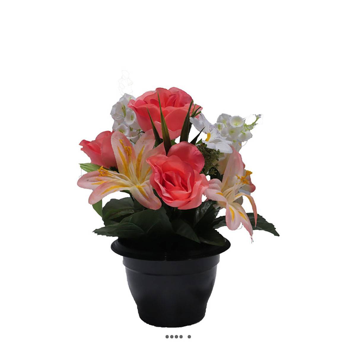 Artificielles - Composition fleurs artificielles cimetière pot roses lys arums H 28 cm D 25 cm Rose saumon - couleur: Rose saumon - Image 2
