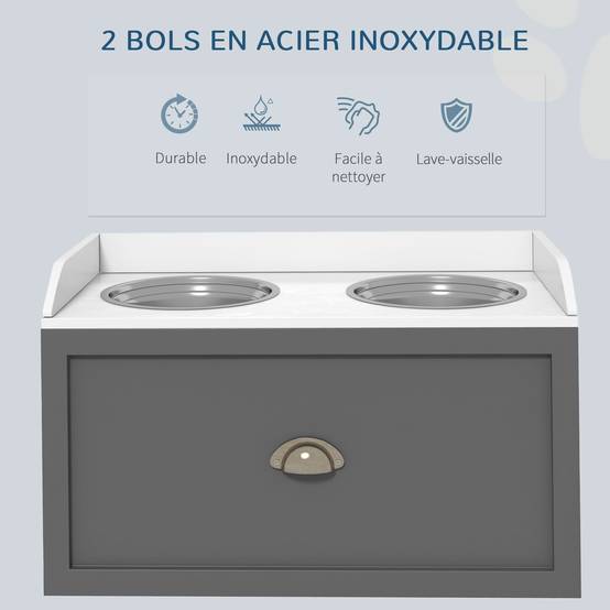 Porte-gamelles surélevé MDF acier blanc gris 60 x 30 x 36 cm - PANGIVO - Image 8