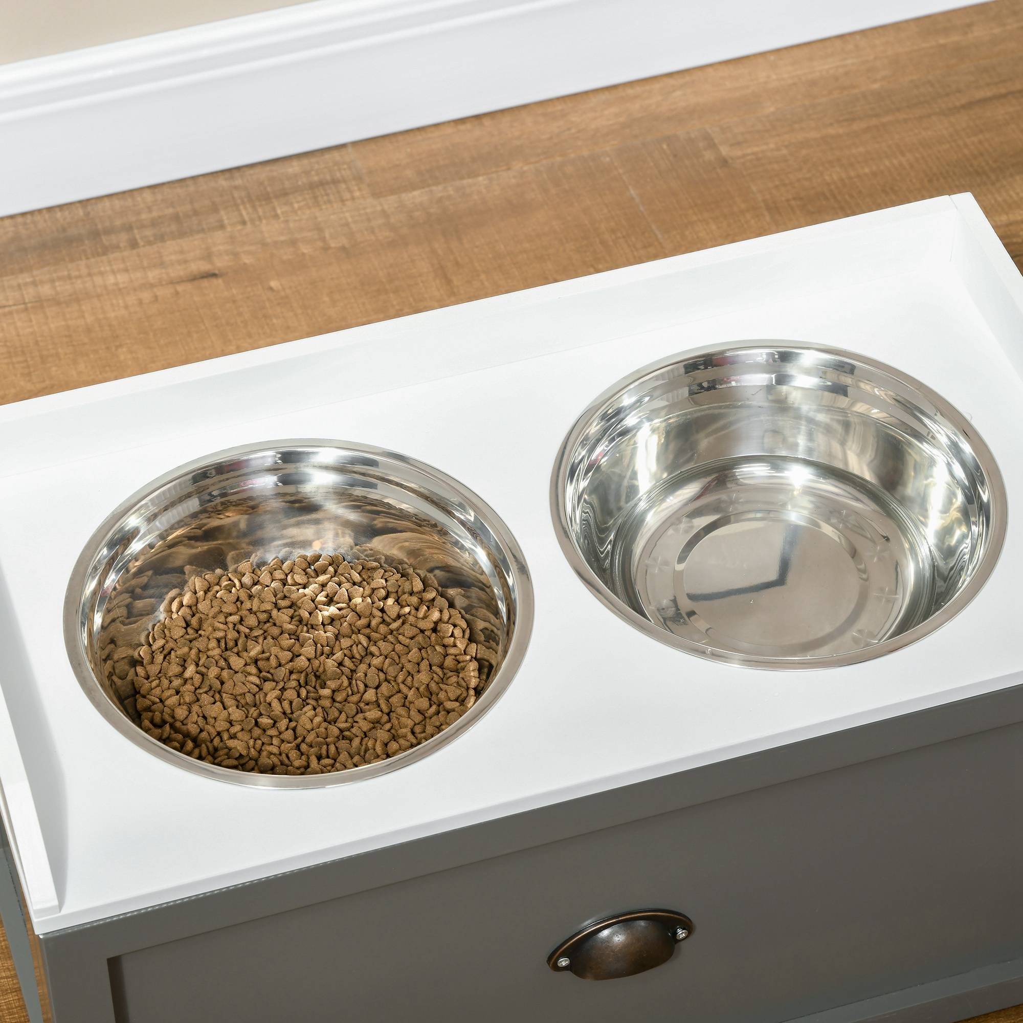 Porte-gamelles surélevé MDF acier blanc gris 60 x 30 x 36 cm - PANGIVO - Image 10