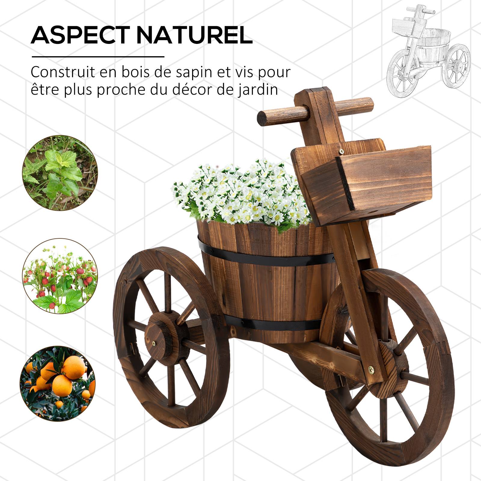 ComfortXL - Porte-plantes tricycle bois de sapin 52 x 31 x 45,5 cm marron balcon jardin déco fleurs - ComfortXL Outdoor Living - Image 5