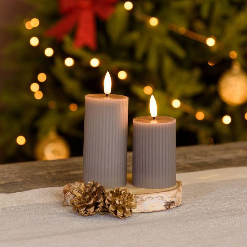 Lotti - Lot de 2 Bougies striées LED Cylindriques Cire Gris taupe flamme 3D On-Off Timer Lotti - Image 2