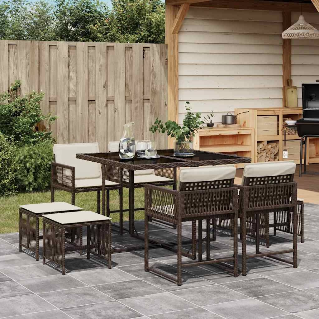 Ensemble à manger de jardin et coussins 9 pcs | Mobilier d'extérieur marron poly rotin Maison Chic - Image 2