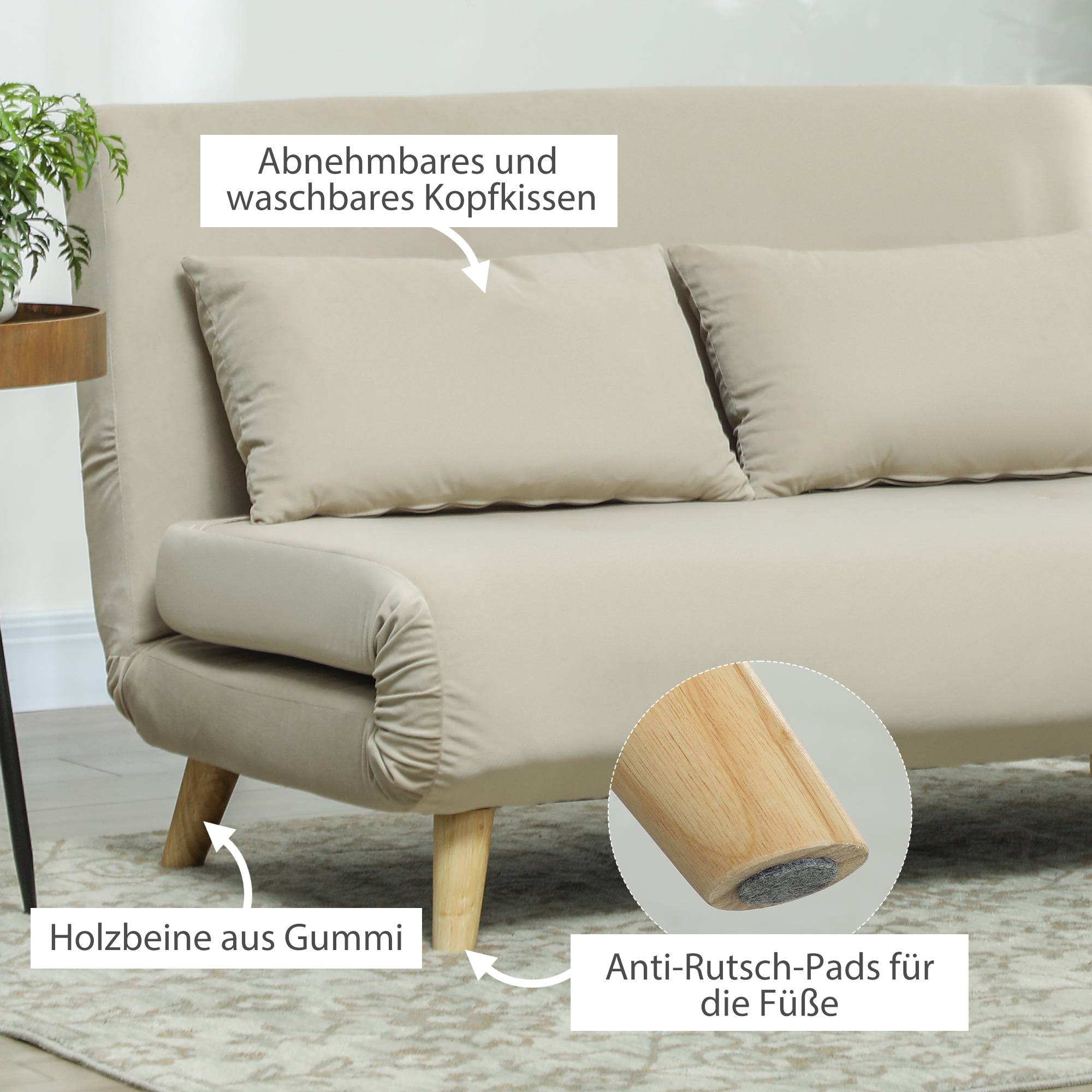 Canapé-lit, canapé inclinable, avec 2 coussins, aspect velours, 130 x 78 x 79 cm, beige - Image 9