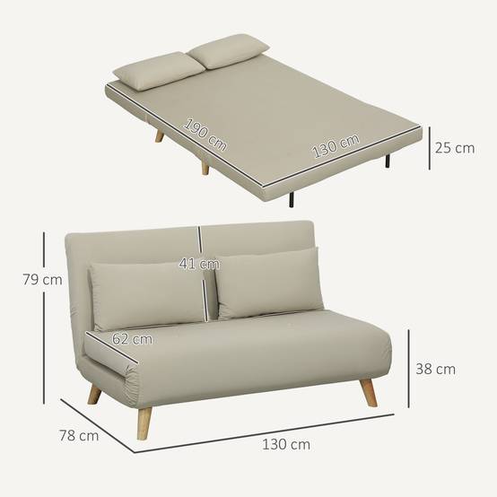 Canapé-lit, canapé inclinable, avec 2 coussins, aspect velours, 130 x 78 x 79 cm, beige - Image 5