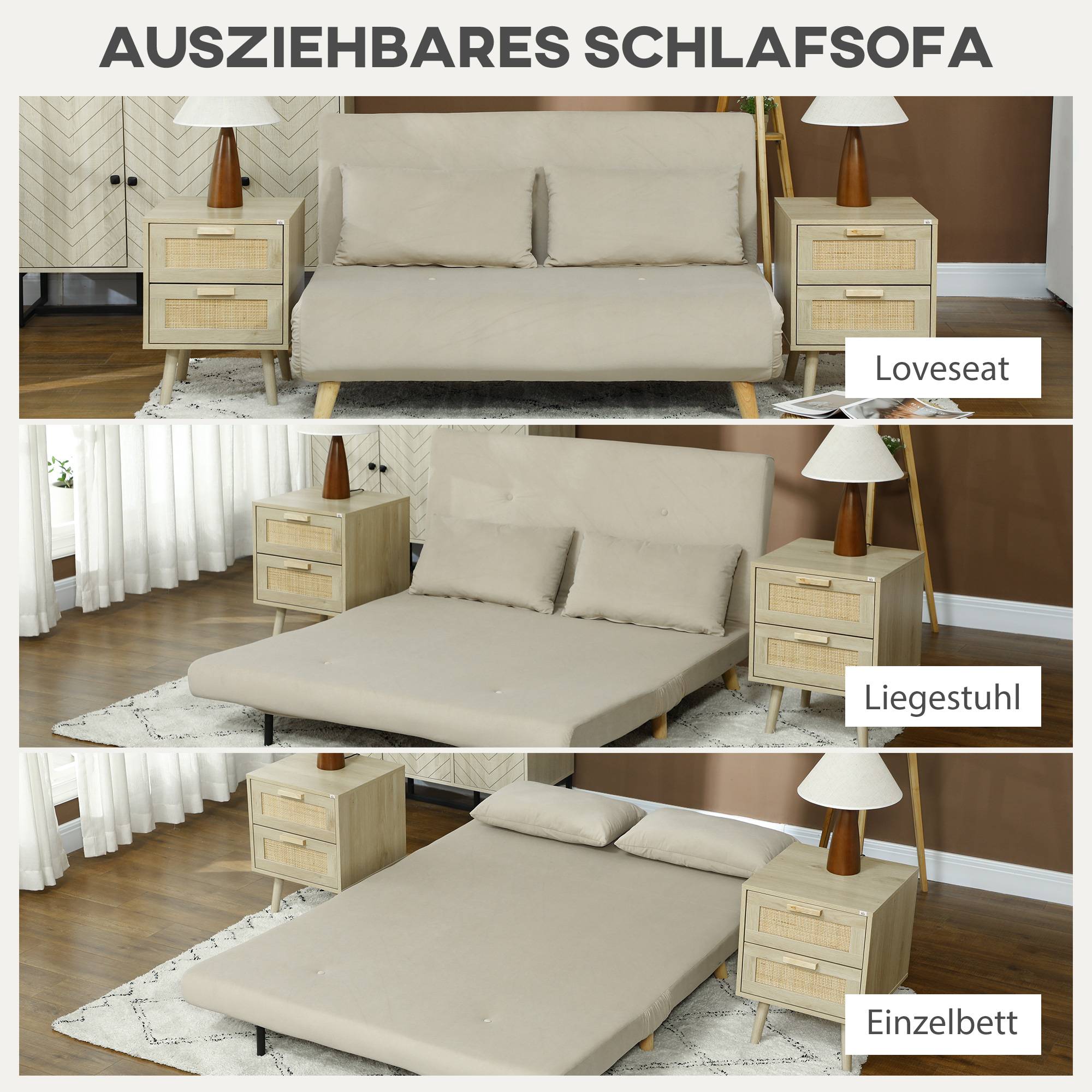 Canapé-lit, canapé inclinable, avec 2 coussins, aspect velours, 130 x 78 x 79 cm, beige - Image 6