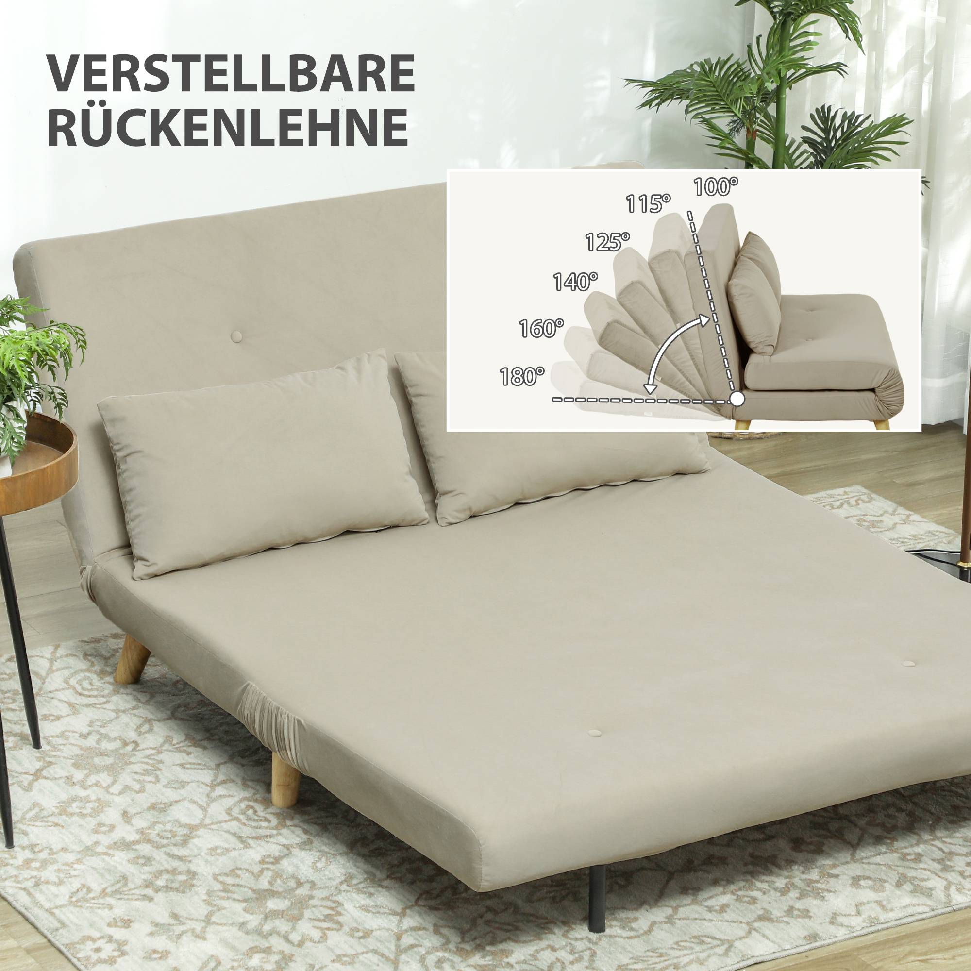 Canapé-lit, canapé inclinable, avec 2 coussins, aspect velours, 130 x 78 x 79 cm, beige - Image 7