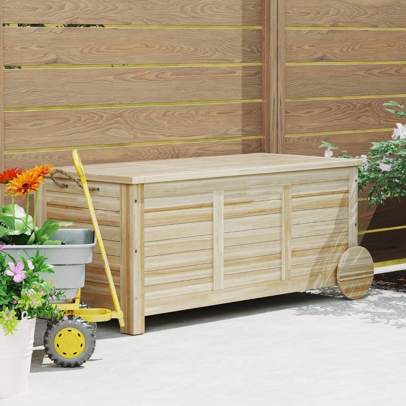 Coffre Rangement Extérieur Bois Massif 185L Jardin Roulettes Etanche 110cm - ComfortXL Outdoor Living - Image 8
