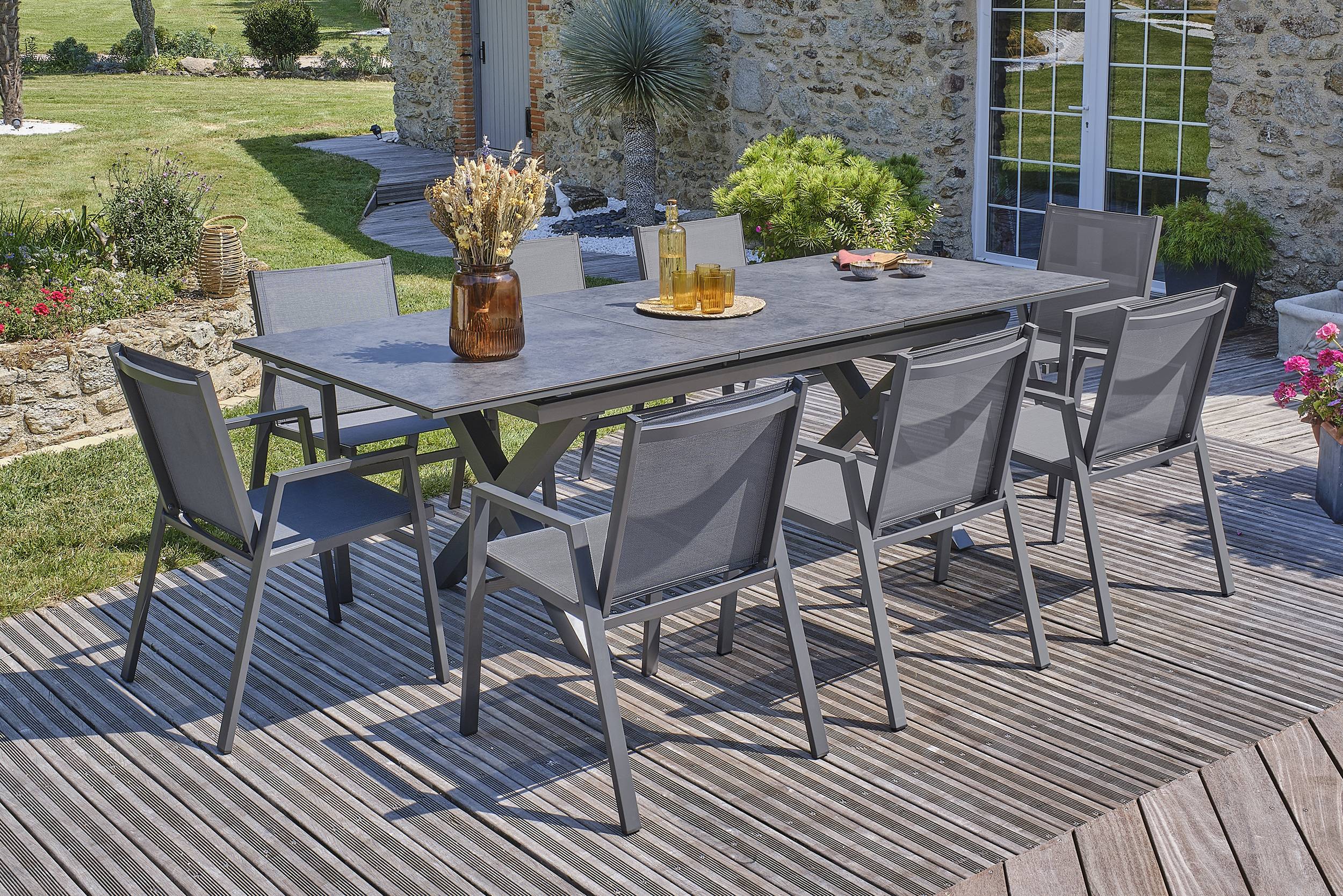 Dcb Garden - Ensemble repas de jardin 8 pl plateau céramique sur verre - Gris anthracite - FLORIDE - Image 1