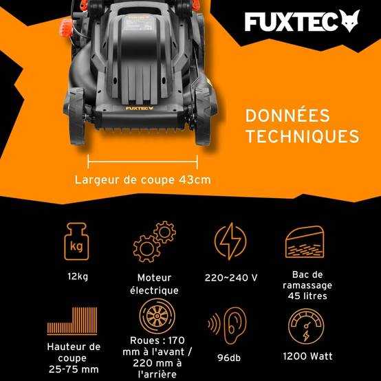 Tondeuse à gazon électrique 43 cm FUXTEC FX-RME43 – 45L – 1200W – Hauteur 25-75 mm – Poussée – 220V - Image 3