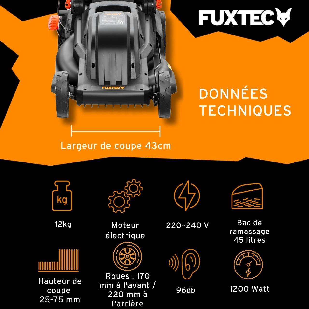 Tondeuse à gazon électrique 43 cm FUXTEC FX-RME43 – 45L – 1200W – Hauteur 25-75 mm – Poussée – 220V - Image 3