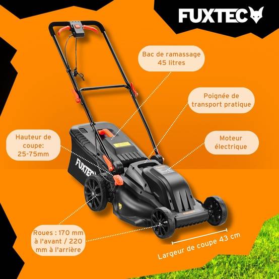 Tondeuse à gazon électrique 43 cm FUXTEC FX-RME43 – 45L – 1200W – Hauteur 25-75 mm – Poussée – 220V - Image 6