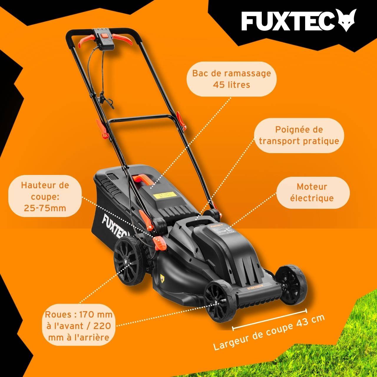 Tondeuse à gazon électrique 43 cm FUXTEC FX-RME43 – 45L – 1200W – Hauteur 25-75 mm – Poussée – 220V - Image 6