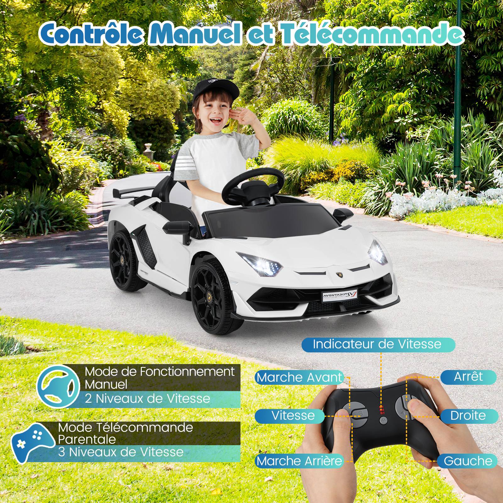 Costway - Voiture Électrique Enfant Lamborghini 12V Sous Licence, Véhicule Électrique Avec Télécommande, Suspension à Ressort, Lumières LED, Blanc - Image 3