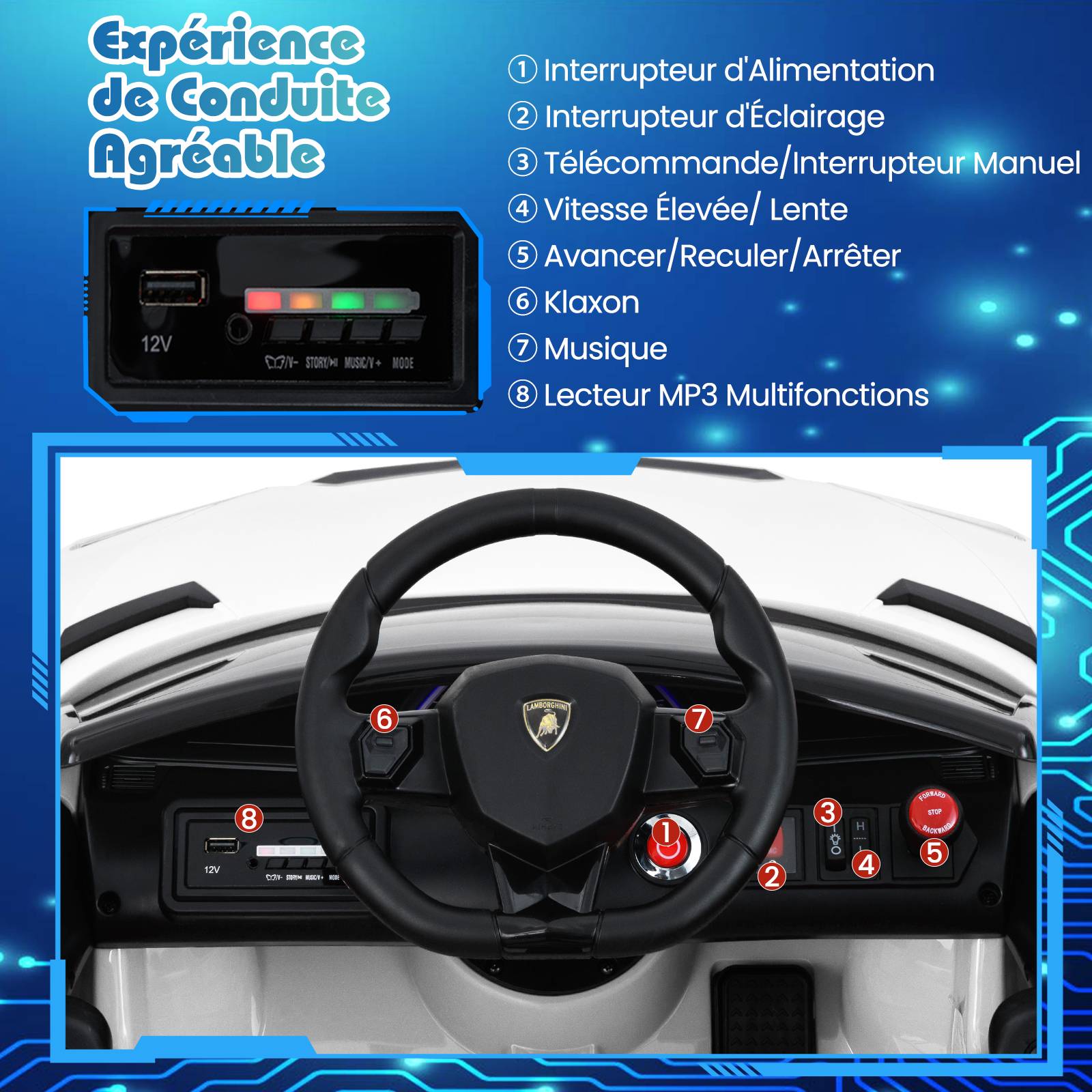 Costway - Voiture Électrique Enfant Lamborghini 12V Sous Licence, Véhicule Électrique Avec Télécommande, Suspension à Ressort, Lumières LED, Blanc - Image 5