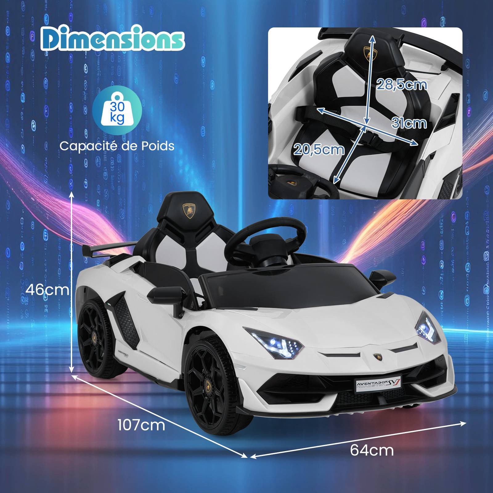 Costway - Voiture Électrique Enfant Lamborghini 12V Sous Licence, Véhicule Électrique Avec Télécommande, Suspension à Ressort, Lumières LED, Blanc - Image 2