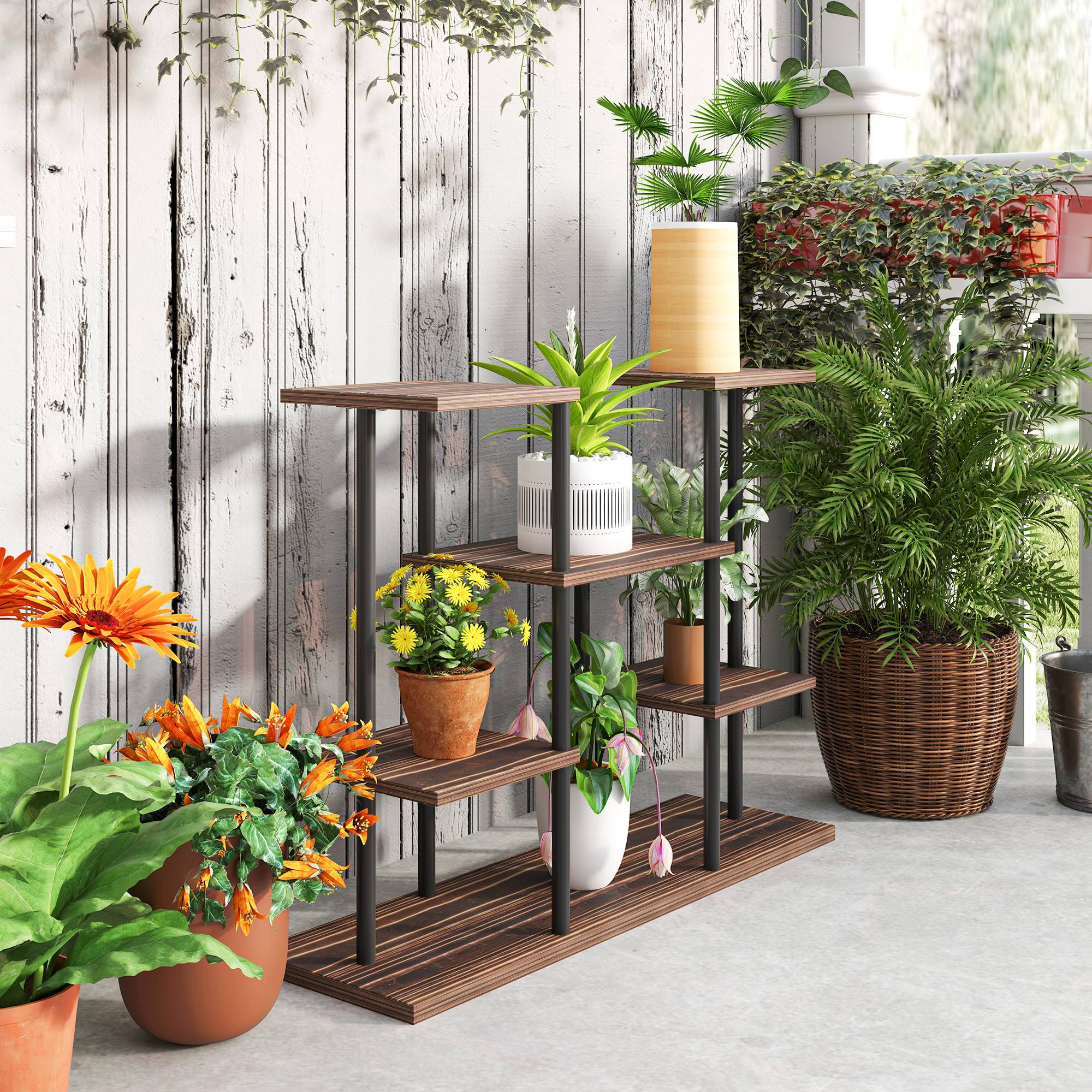 Étagère porte-plantes 4 niveaux bois massif et acier style industriel 80x24x61cm - ComfortXL Outdoor Living - Image 10