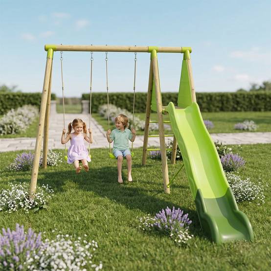 Trigano Jardin - Balançoire en bois 2,30 m Topwood LUMI VERT - 4 enfants - Image 2