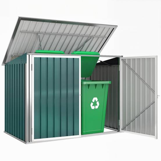 Cache Poubelle Extérieur en Acier Galvanisé pour 2 Poubelles, Double Porte, Couvercle Pneumatique, 180x108x130cm, Vert - Image 1