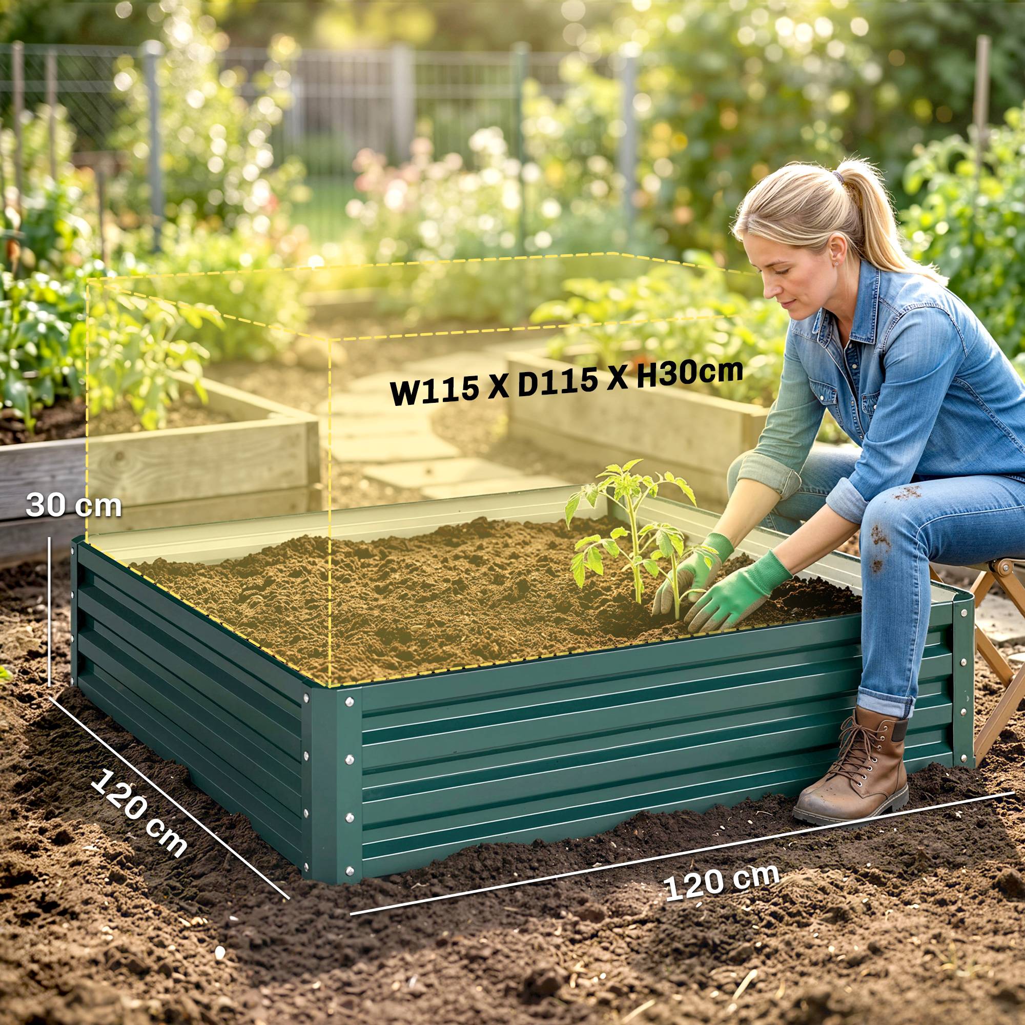 ComfortXL - Carré potager acier galvanisé pour jardin terrasse potager sans fond grand volume 120x120x30cm vert - ComfortXL Outdoor Living - Image 5