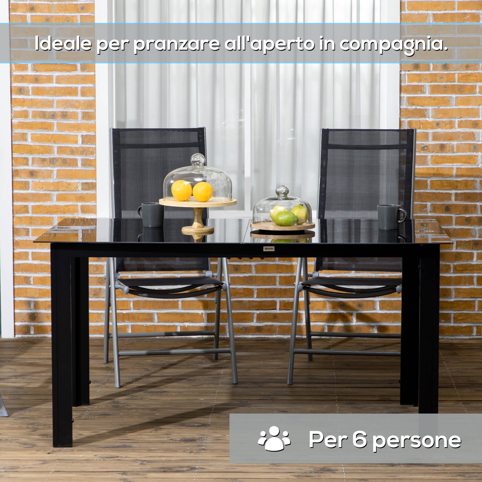 Table de jardin rectangulaire pour 6 personnes, plateau en verre et aluminium, 150 x 90 cm, noire - Image 8