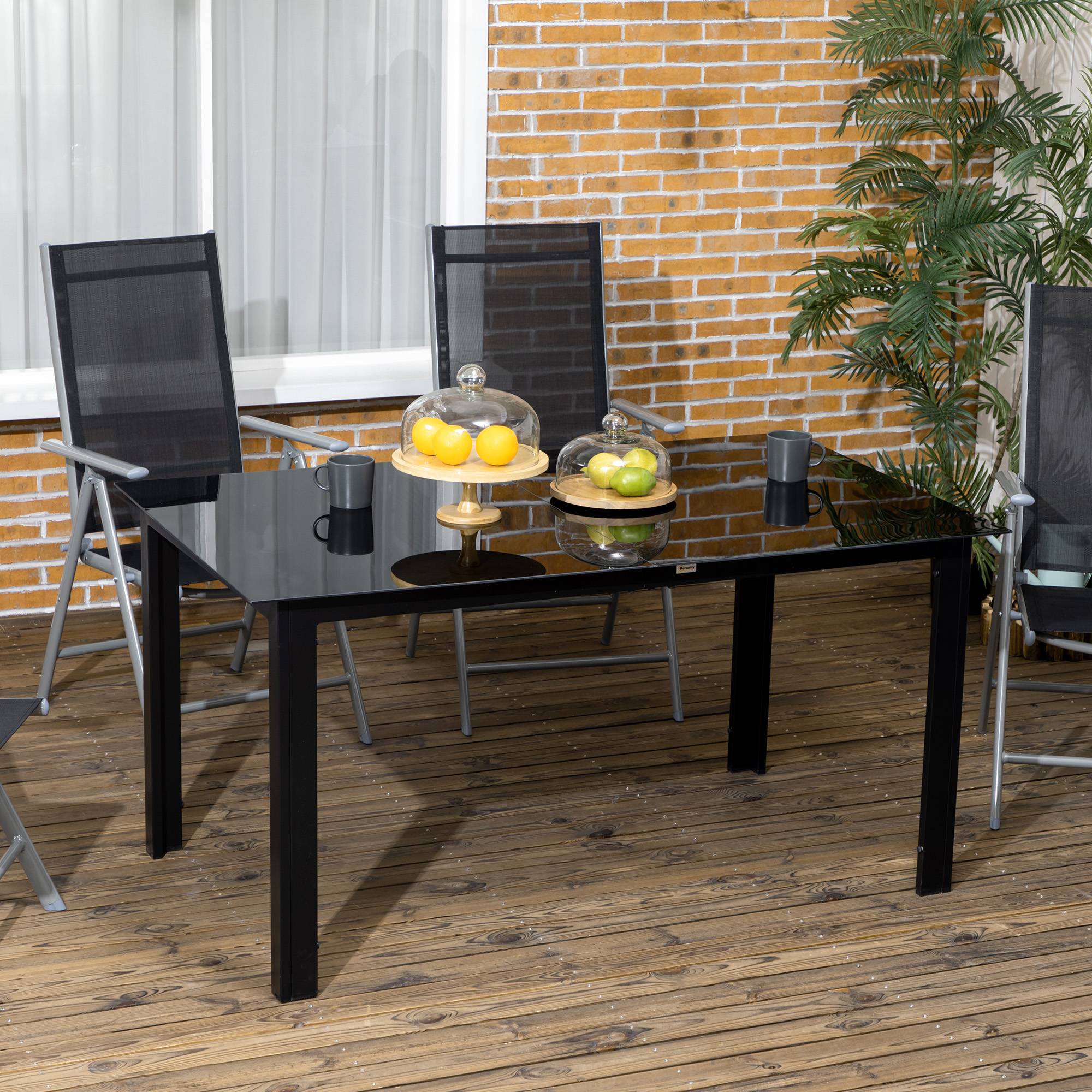 Table de jardin rectangulaire pour 6 personnes, plateau en verre et aluminium, 150 x 90 cm, noire - Image 3